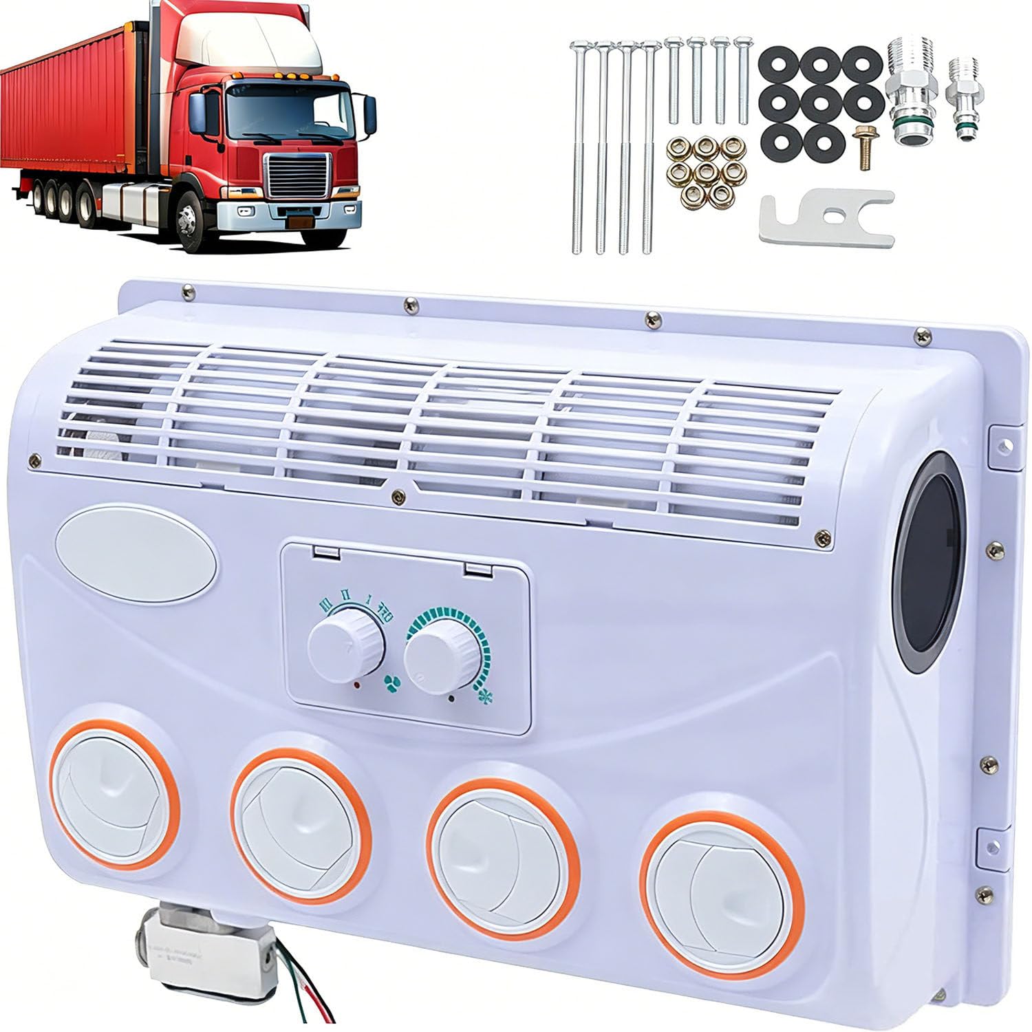 COAKUE 12V/24V DC Air Conditioner, Rooftop RV AC Unit with 360° Rotating Air Outlet, 3-Speed Adjustment, Universal Electric Parking Air Conditioner for Trucks, Vans, Campers, Excavators 12V