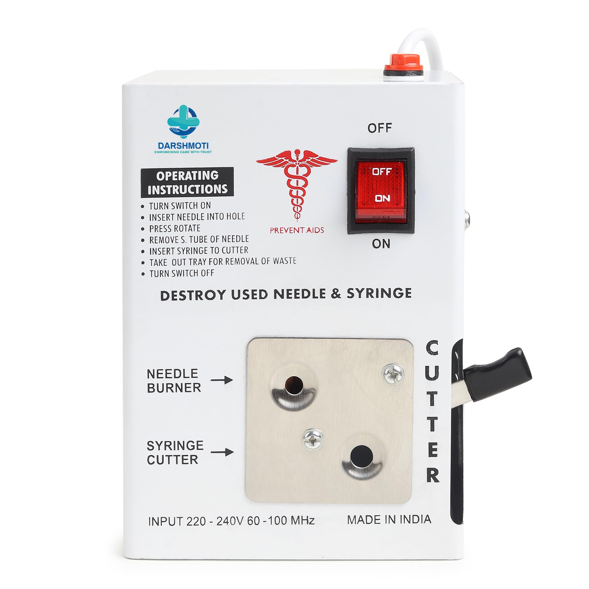 DARSHMOTI® Needle Syringe Destroyer Electric, Needle Destroyer Machine for Hospital & Laboratory, Metal Body Mechanism, Low Power Consumption, On/Off Switch, White, Pack of 1