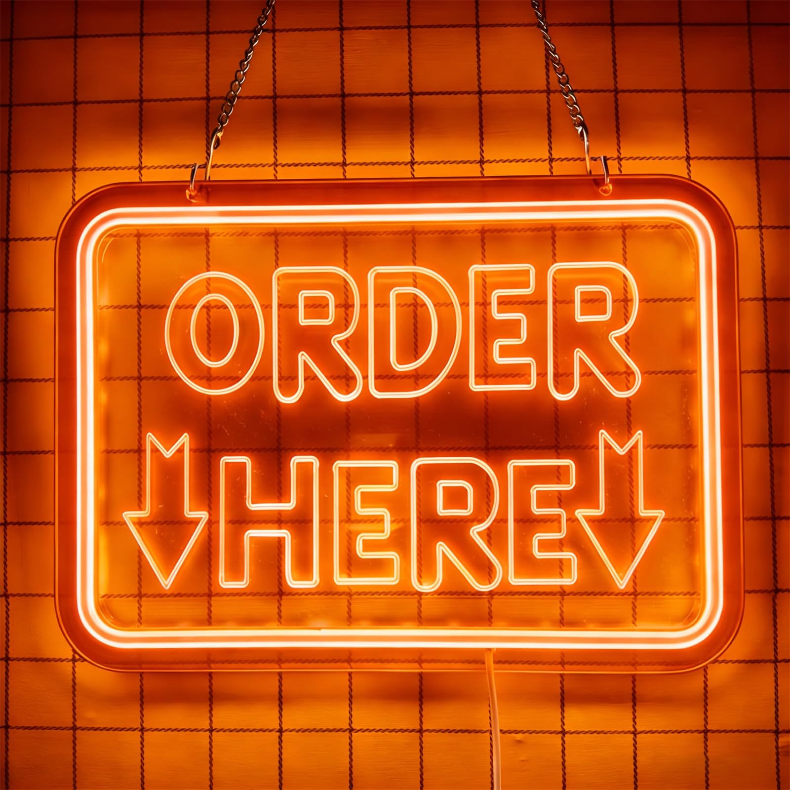 Order Here Letrero de neón, Luces LED de neón USB Regulables para Bares y Tiendas, letreros Decorativos para mostradores de Cajas de restaurantes,Naranja,50x33cm