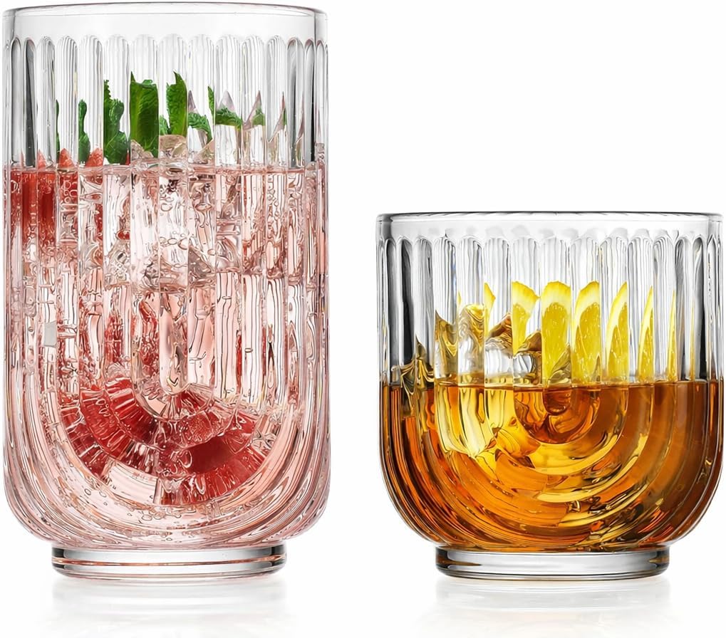 Glaver's 16-Piece Drinking Glass Set, Art Deco Ribbed Arch Design, Clear U-Shape Glassware, 17oz Highball and 11oz DOF Glasses