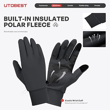 UTOBEST Running Gloves for Men Women, Lightweight Anti-Slip Touch Screen Warm Gloves Liners for Biking Cycling Sporting Driving