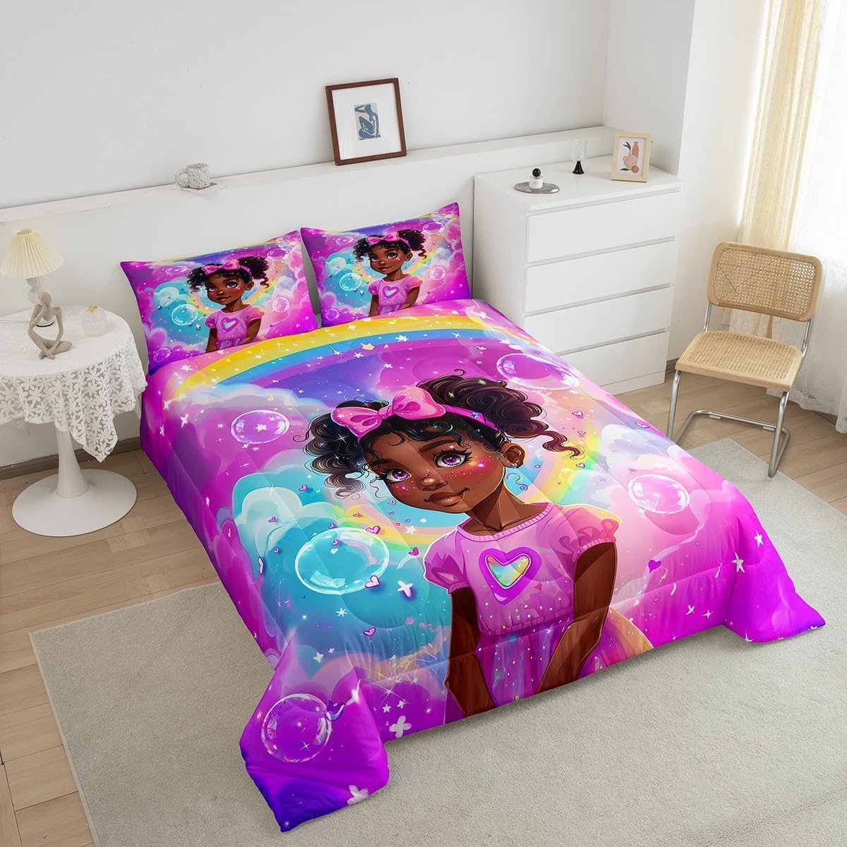Kawaii Black Girl Bedding Full Size Cute Rainbow Comforter Set for Kids Bedroom Decor, Dreaming Glitter Stars Duvet Insert Pink Love Heart Bubble Quilt Set Little Princess Bedding Comforters & Sets