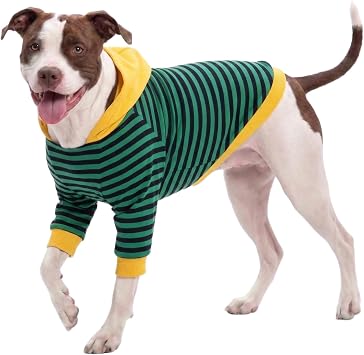 LovinPet Large Dog Pajamas, UPF30+ Lightweight All-Season Dog Onesie with Hooded, Wound Care, Anxiety Onesie, Helps Contain Loose Fur, Cotton Green Stripe Print, L