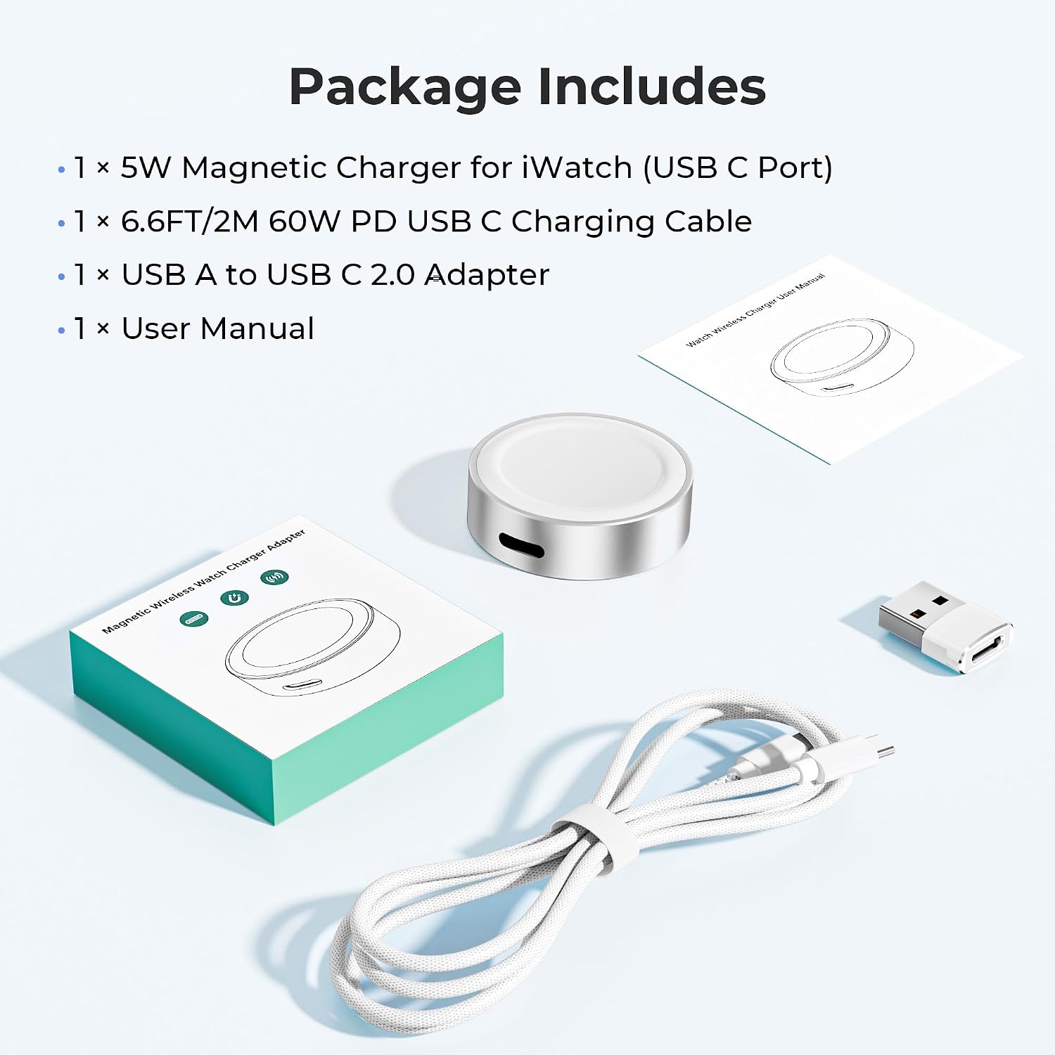 Basesailor Magnetic Charger Adapter for Apple Watch 11 10,5W USB C Wireless Charger Dock,Multi Charging Kit with Type C Cable & USB A Converter for iWatch Series 9 8 7 SE Ultra,42 46 44mm