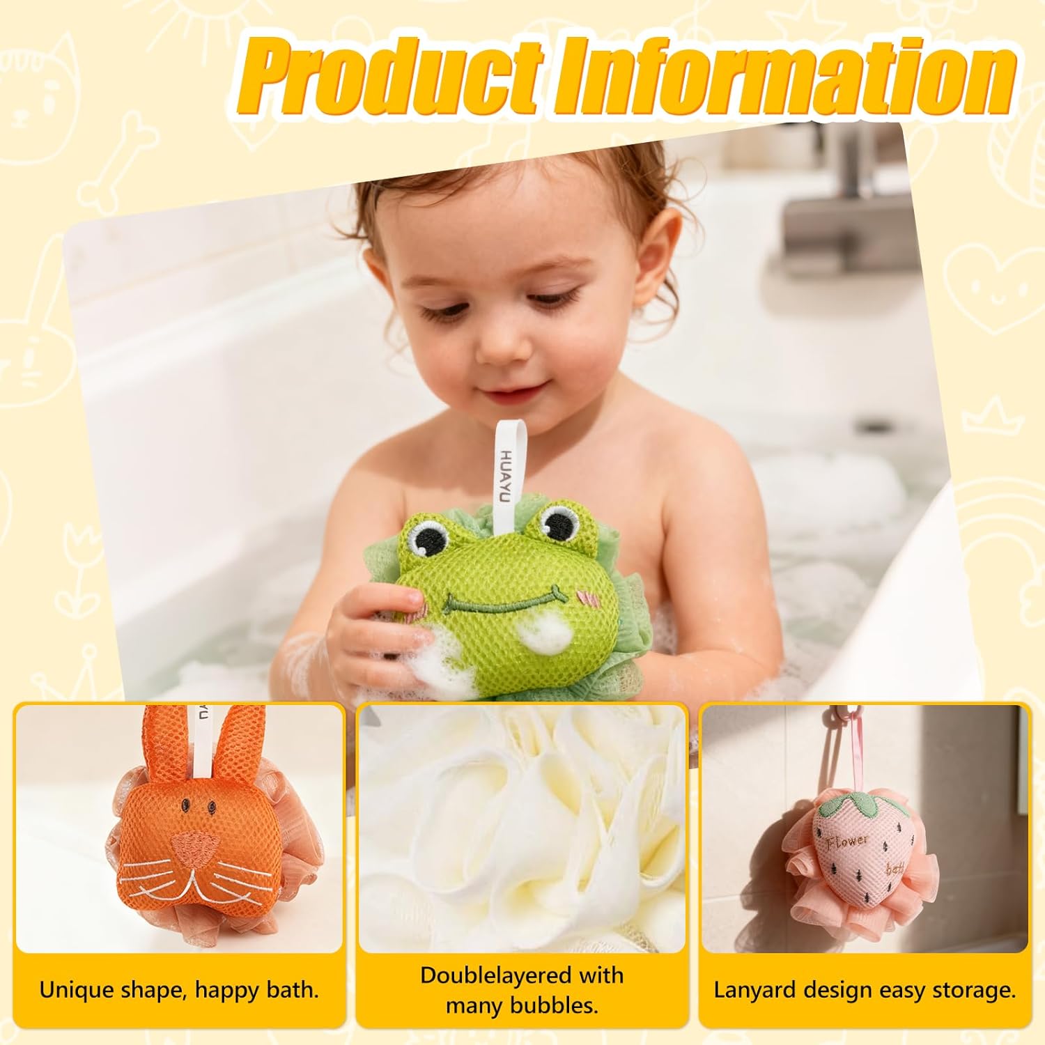Kids Loofah, Cute Cartoon Animal Kids Bath Sponge with Hanging Rope, Soft Double Mesh for Rich Lather (Little Turtle) - Image 3