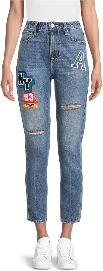 No Boundaries Juniors Relaxed | Medium Wash | Five-Pocket | High Rise | Patchwork and Embroidery Details | Mom Jeans