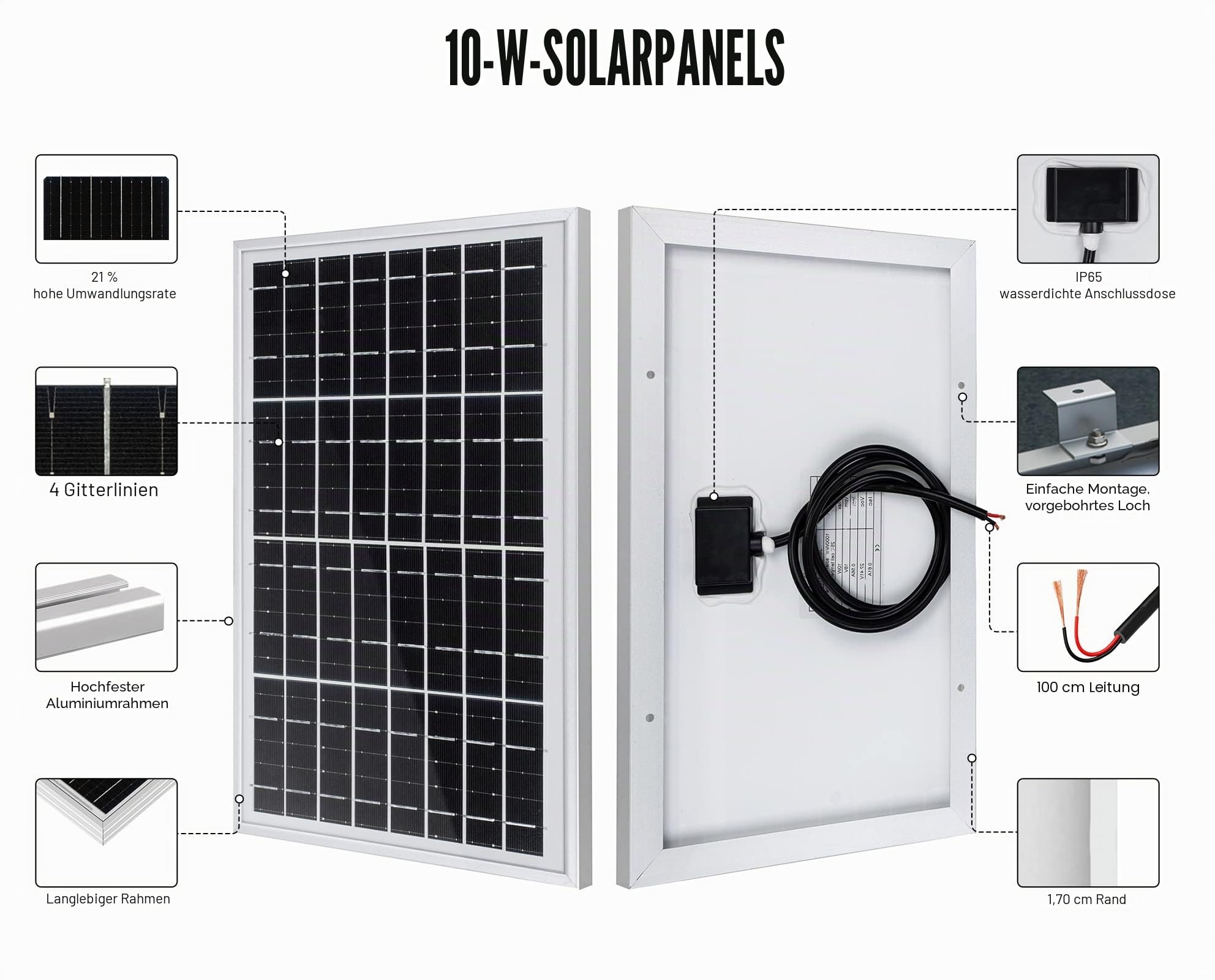 ECO-WORTHY Solarpanel 10W Solarmodul 12v Solarzelle Pv 12 Volt zum Aufladen von 12V Batterien