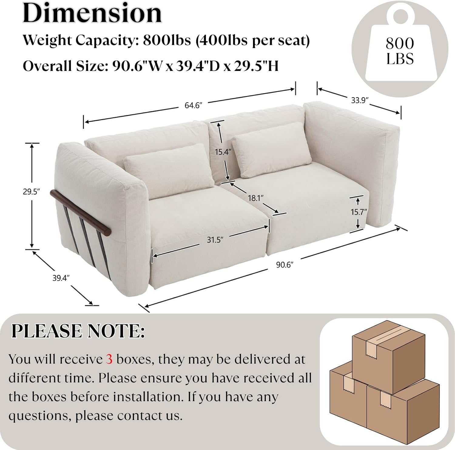 CIMOTA 90” W Loveseat Sofa, Modular Sectional Modern Love Seat Couch with Metal Support, Beige Chenille Fabric Upholstered Could Couch with Solid Wood Frame Throw Pillows for Living Room, Office Club | Modular Sectional, Breathable Chenille, Solid Wood Frame, Metal Support, Throw Pillows, Upholstered Seat