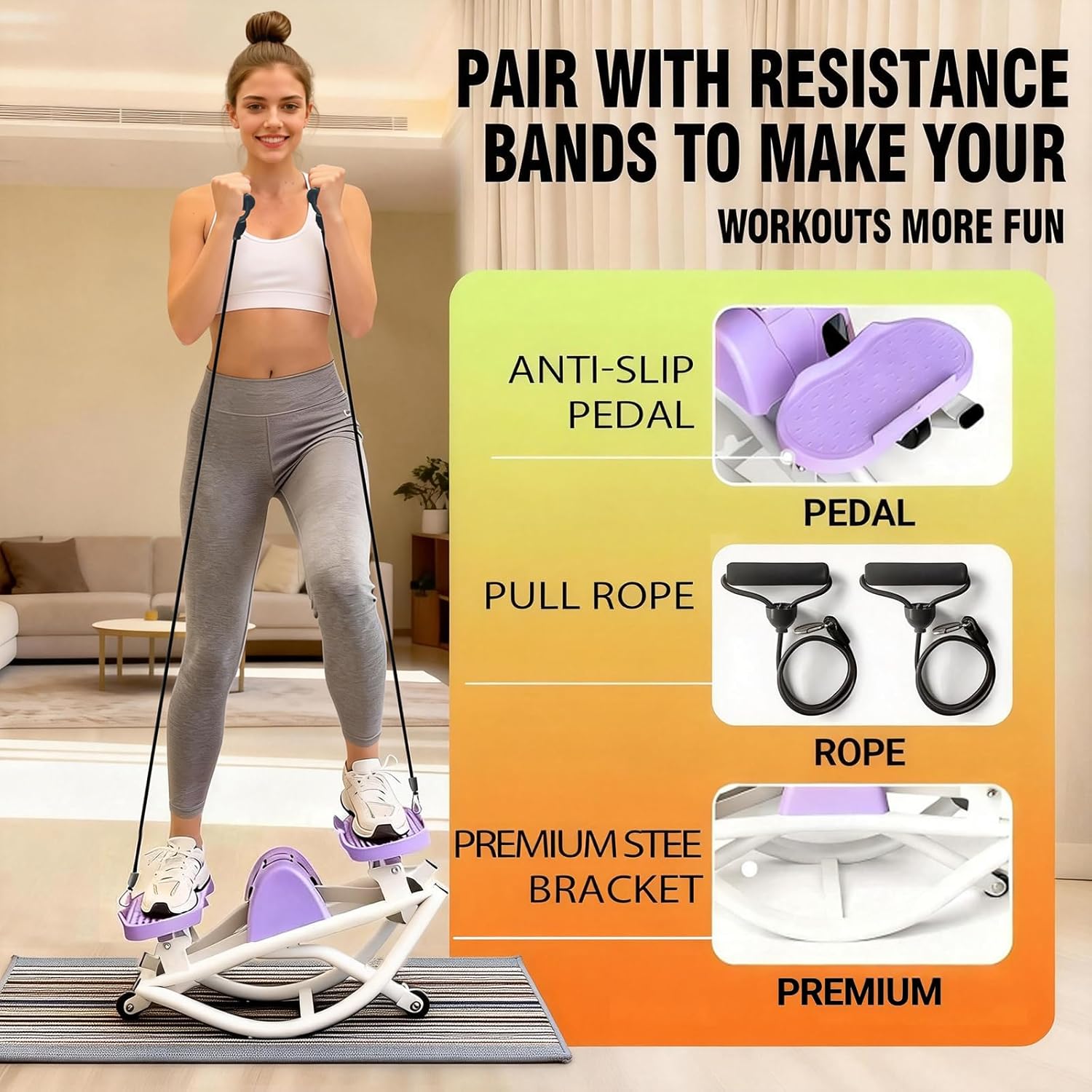 Rock Stepper, Side to Side Rocking Stepper Exercise Machine for Balance at Home, Low-Impact Lateral Stair Stepper with Resistance Bands & Digital Counter, 250 LBS Weight Capacity
