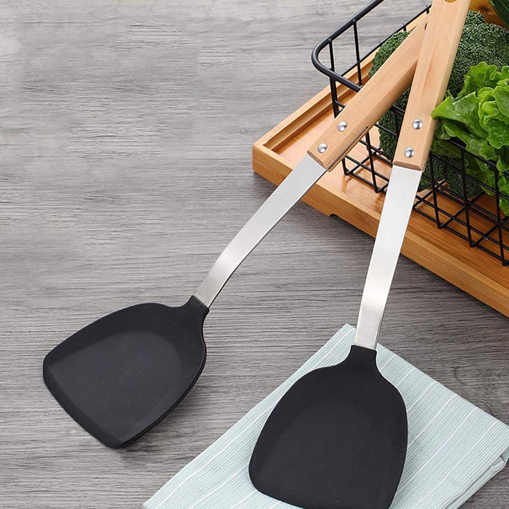 Pfannenwender aus Edelstahl - Antihaft-Silikon-Wok-Spatel mit hitzebeständigem Holzgriff, korrosionsbeständige, langlebige Wok-Utensilien Küchenwerkzeuge