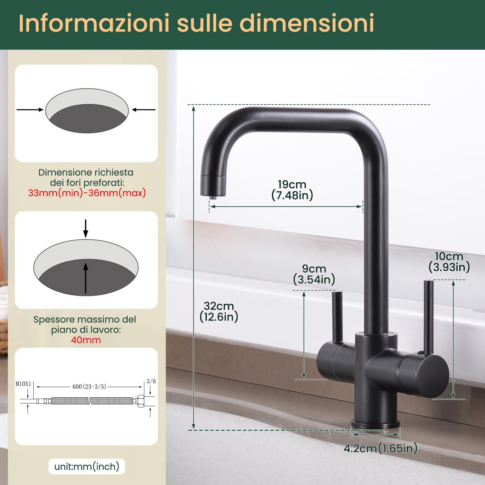 Rubinetto cucina 3 vie in ottone | Miscelatore monoforo a 2 maniglie, beccuccio girevole 360° con funzione acqua potabile 3-in-1, incl. tubi G3/8 - Nero