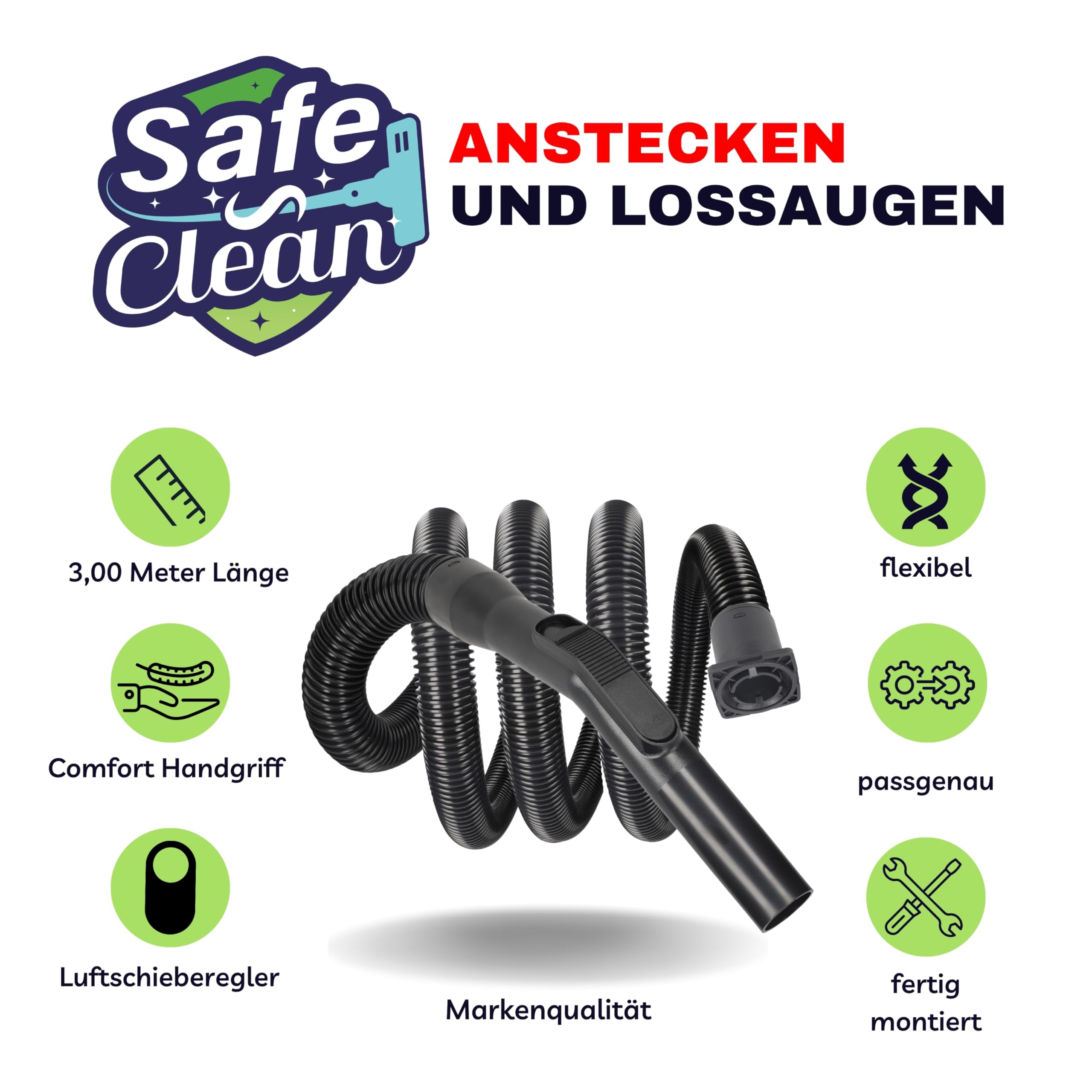 vhbw 4x tubo di ricambio flessibile compatibile con Cleanfix S 21 SW 15, S 12, S 20, S 05, S 10 Plus, RS 05, S 10 aspirapolvere - 2,2 m, impugnatura