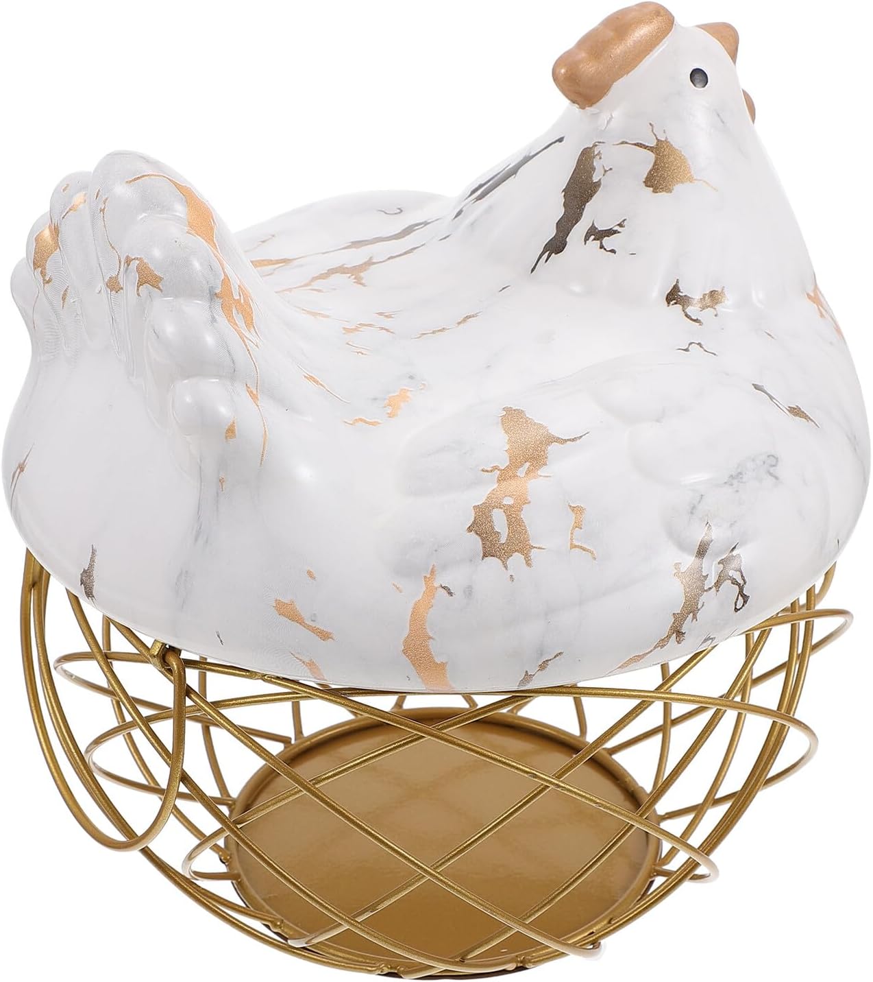 Luxshiny Farmhouse Style Iron Hen Egg Storage Basket with Gold Grid Wire, Decorative Kitchen Fruit and Snack Organizer for Pantry and Countertop