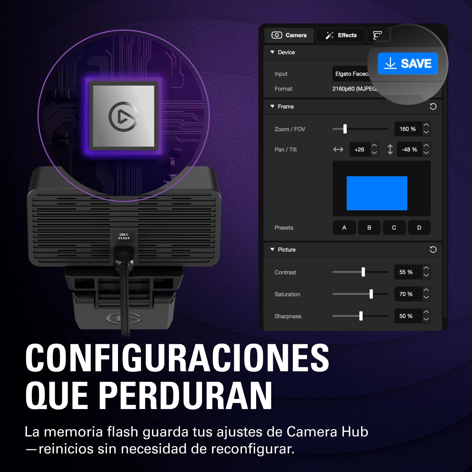 Elgato Facecam 4K - Cámara Web de Estudio 4K60, Control Tipo DSLR, Efectos Cinematográficos, Filtros de Objetivo de 49 mm, HDR, Vídeo sin Compresión, Área de Enfoque Optimizada | USB-C para PC y Mac