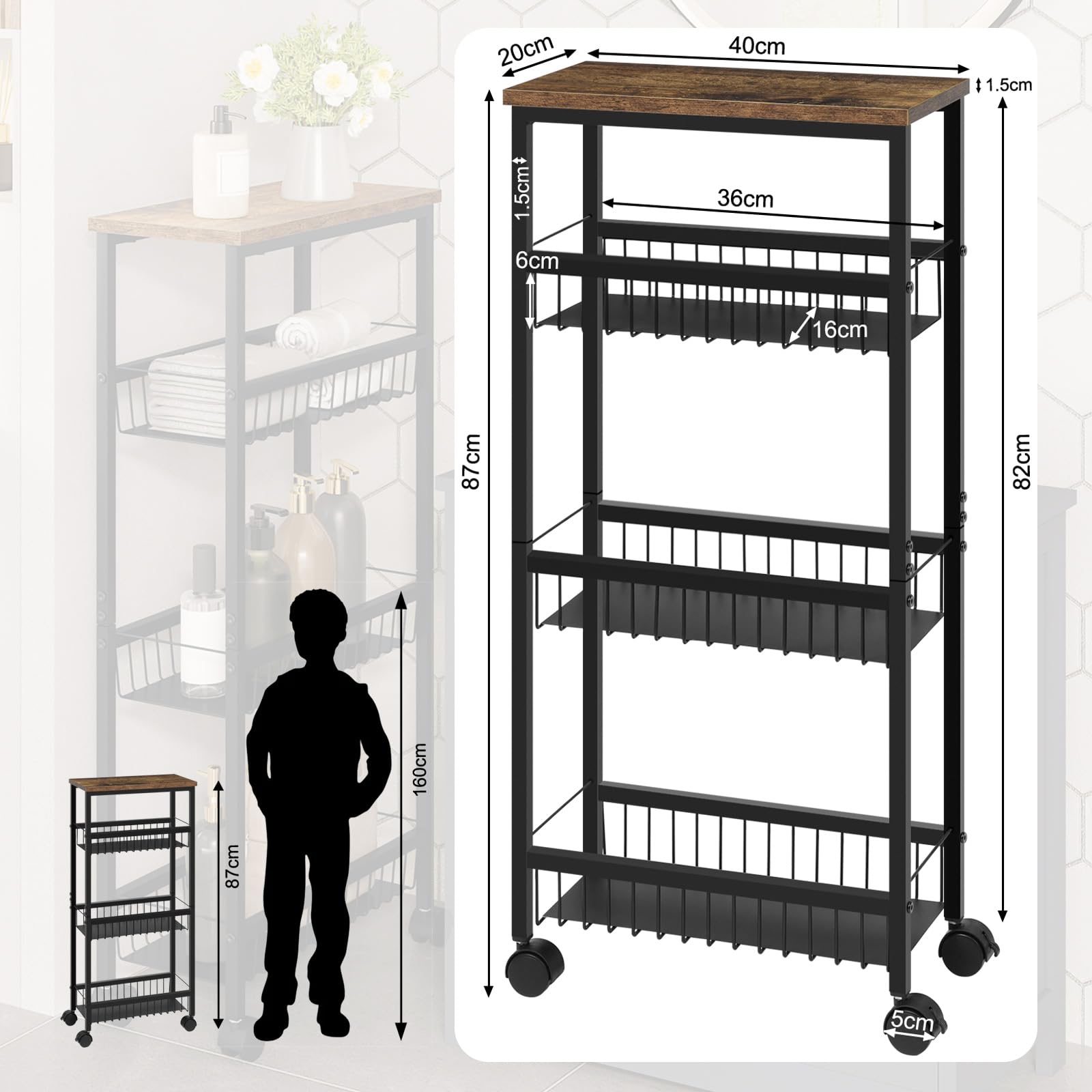 Carrello da cucina 3 ripiani in metallo nero con ruote Tier 45.5x32x76