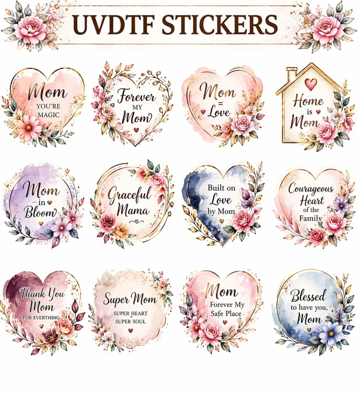 UV DTF Cup Wrap Transfer Stickers, Mom Floral Theme, Waterproof Decals, 2.5x2.5 Inch, for Mugs and Water Bottles, Pack of 12