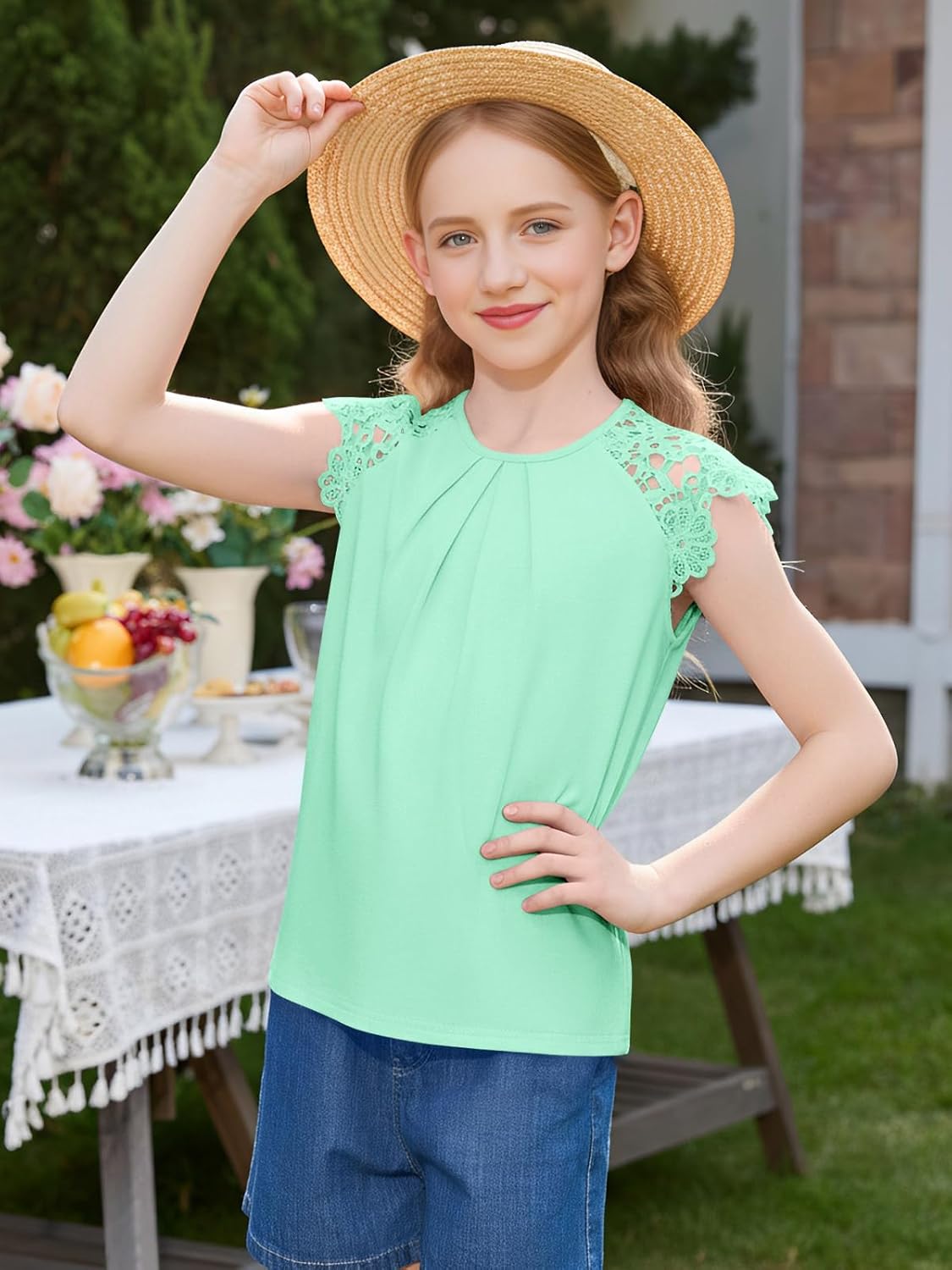 Haloumoning Girls Lace Short Sleeve T Shirts Kids Cute Pleated Blouse Summer Casual Tops Tees 5-14 Years - Image 5