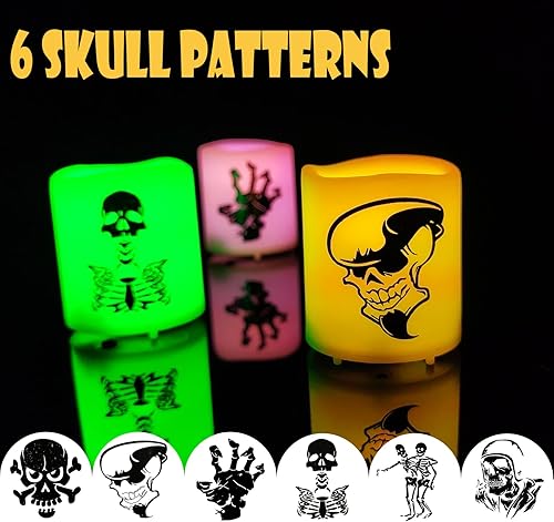 Miniatura 2 de Paquete de 6 velas votivas de Halloween con patrón de calavera LED sin llama que cambian de color, luces de calabaza votivas Jack O Lantern,