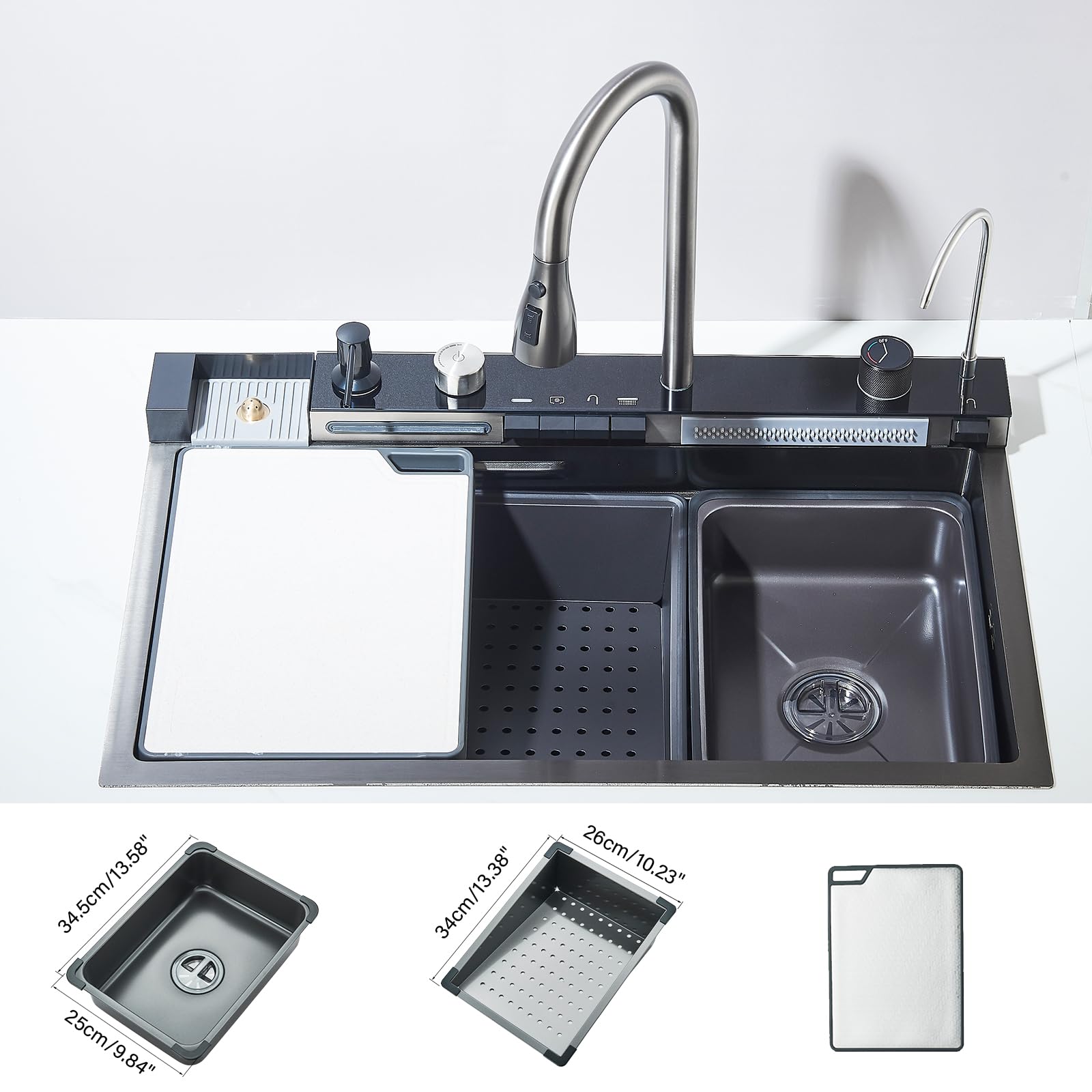 Évier de Cuisine Multifonction avec Haute Pression Robinet Cuisine Bec Extractible et 4 Modes de Pulvérisation Acier Inoxydable Gris Canon 75 * 45 * 21 Evier 1 Bac