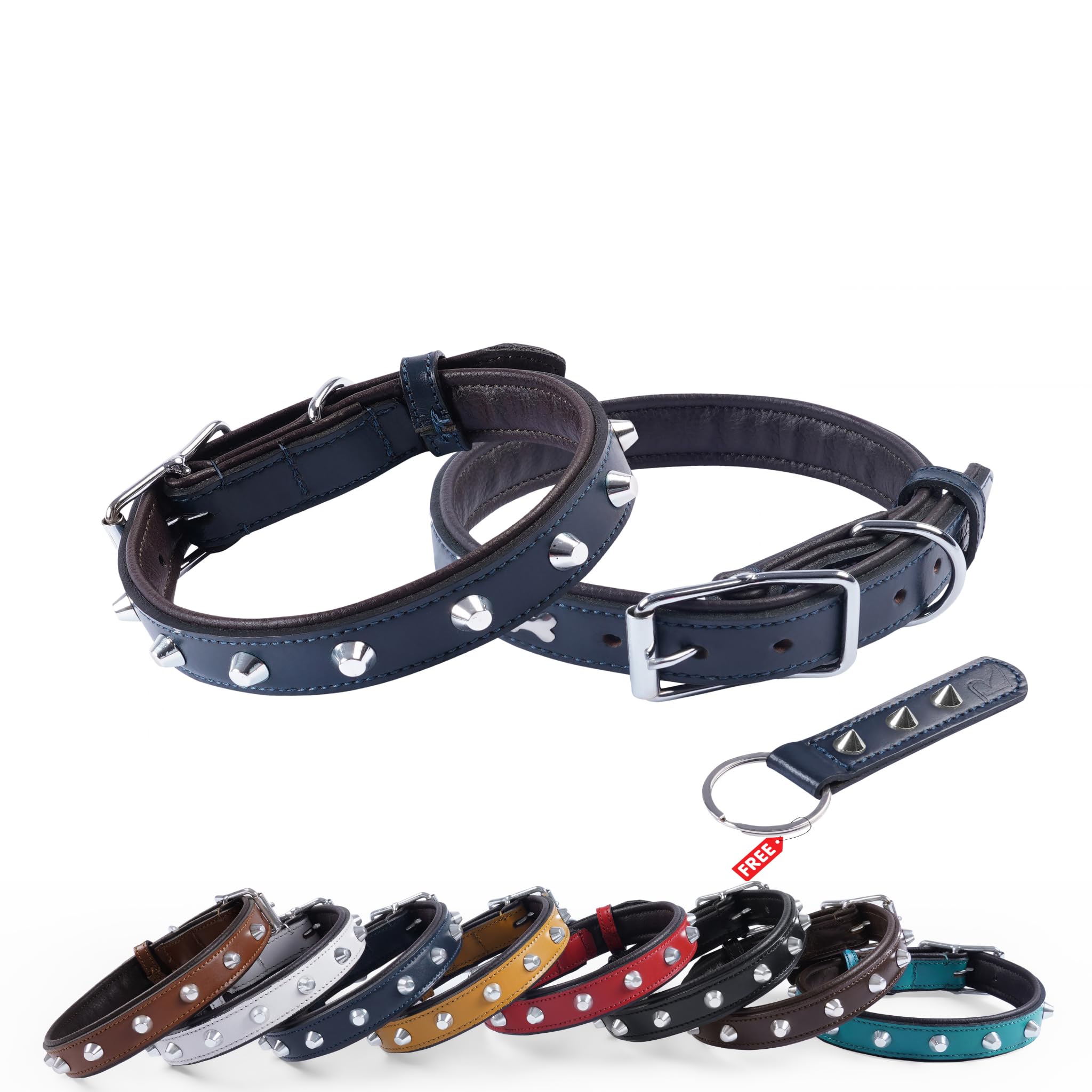 REDLUXE Genuine Leather Studded Dog Collar, Soft Padded Adjustable Pet Collar with Heavy Duty Buckle & D-Ring, Luxury Leather Collar for S, M & L Dogs, Includes Free Matching Keyring (BLUE, S)