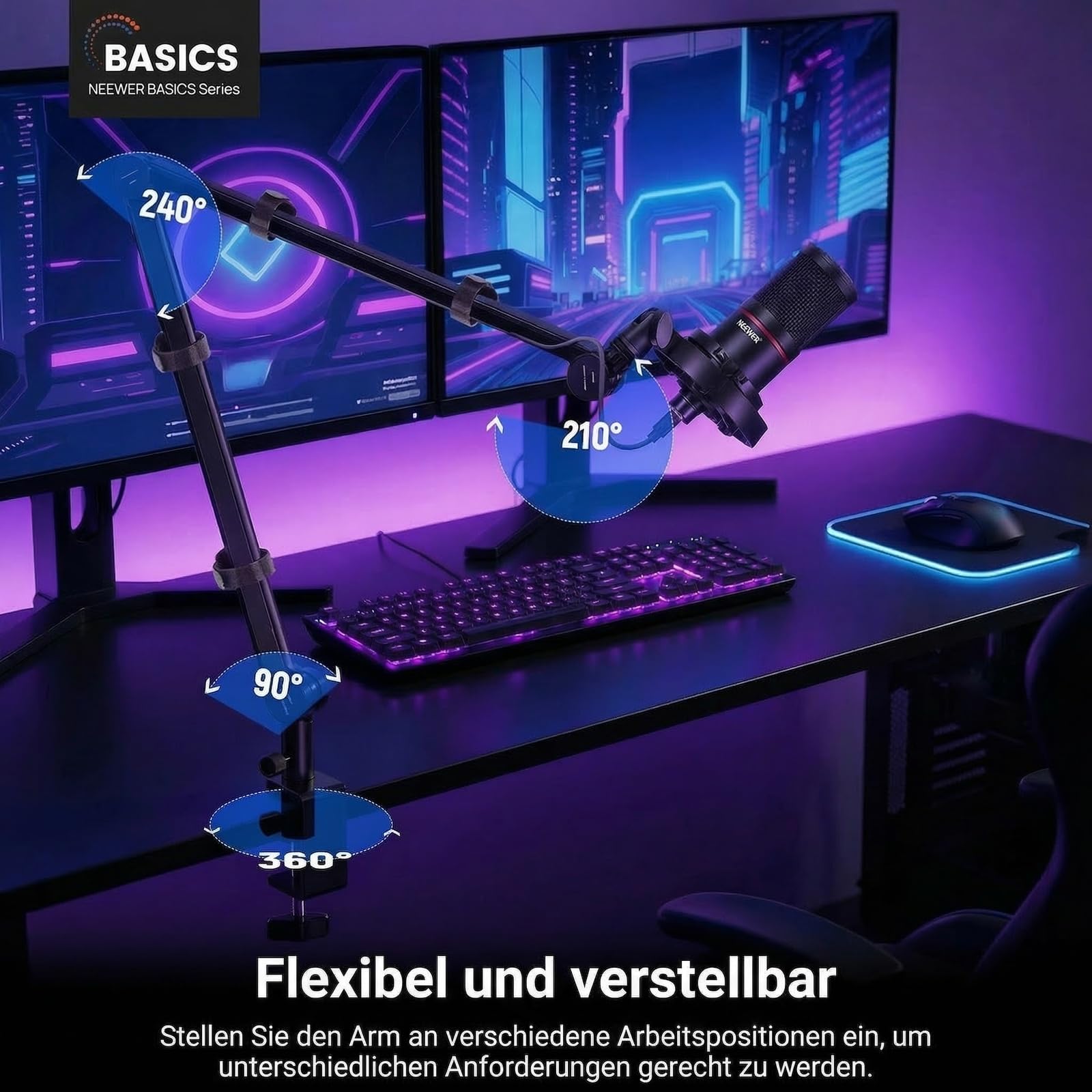 NEEWER BASICS Mikrofon Boom Arm, 78cm flexibler Microphone Tischständer Halterung, kompatibel mit Blue Yeti FIFINE AM8 K669B HyperX QuadCast S SoloCast AT2020 Shure SM7B MV7 für Gaming Streaming MS050