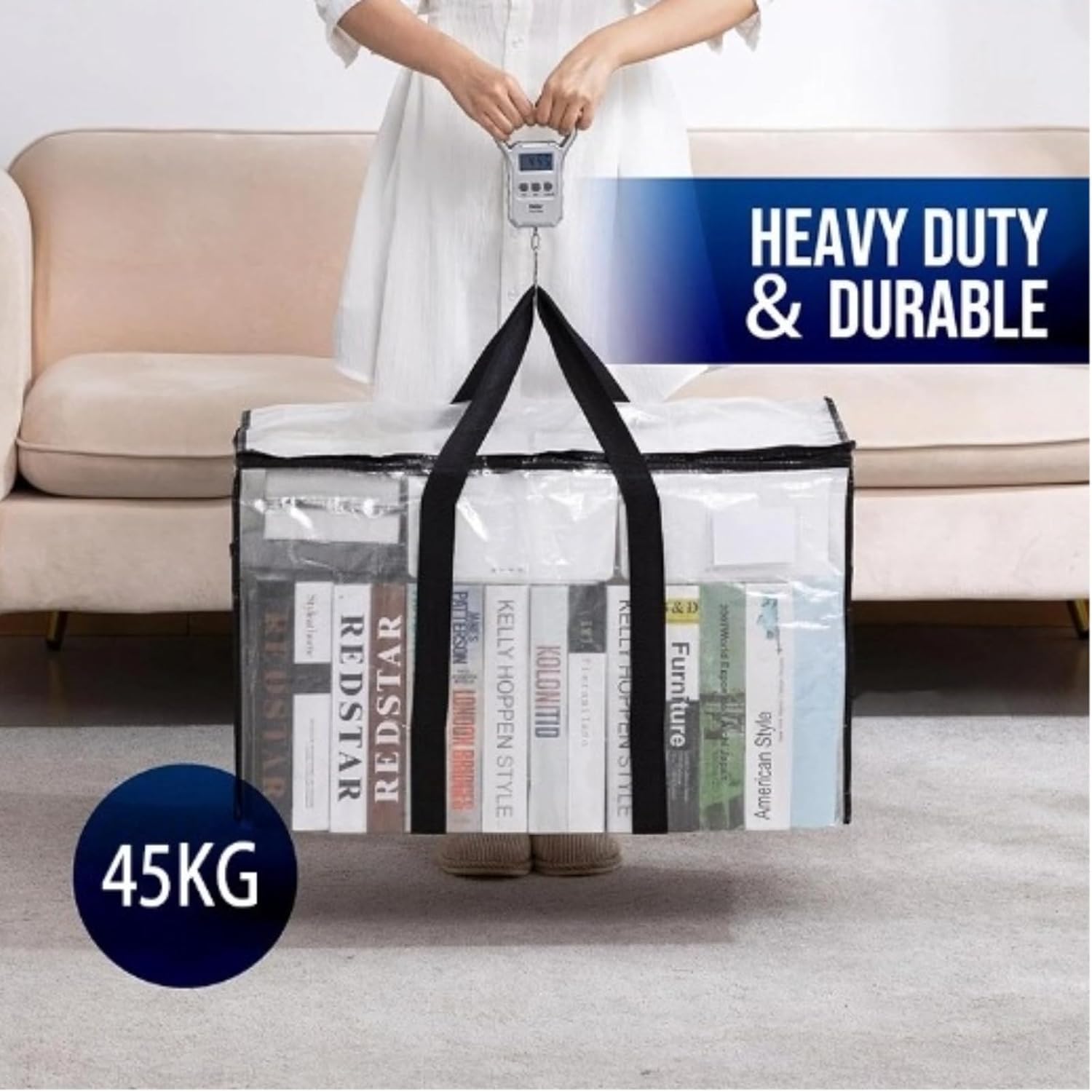 1-Pack Extra-Large 86L Black PE Moving Bag – Thick Storage Tote with Handles & Zipper, Foldable Comforter & Holiday Tree Bag