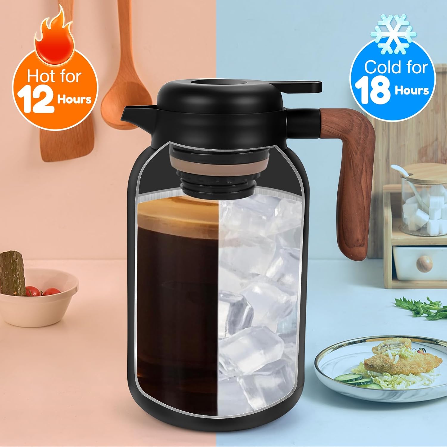 68oz thermal coffee carafe, stainless steel double wall vacuum, carafes for keeping hot, large carafes for hot liquids, cold drinks, tea (black)