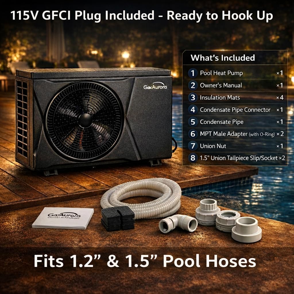 35,000 BTU/h Pool Heat Pump Heater with Wi-Fi App Control, 115V Plug & Play, Titanium Heat Exchanger, Quiet High-Efficiency Heating for Above-Ground/Small Inground Pools up to 9,000 Gallons