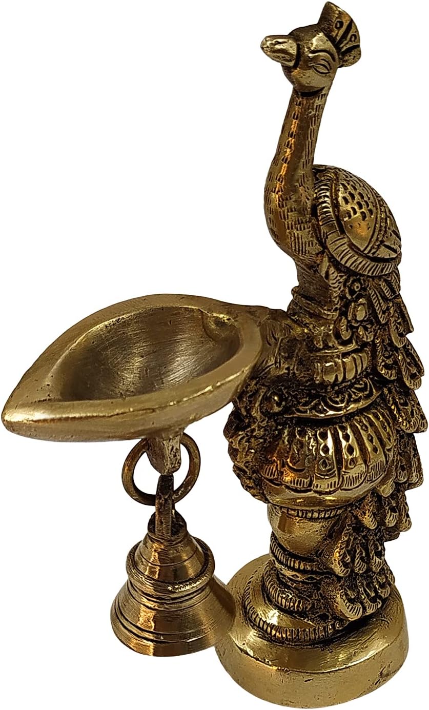 Kartique Brass Peacock Decorative Diya with Traditional Bell Antique Deepak Design Table Decor with Stand for Home Diwali Gift Temple Pooja Gold Color Height 6.5 Inch Set of Two
