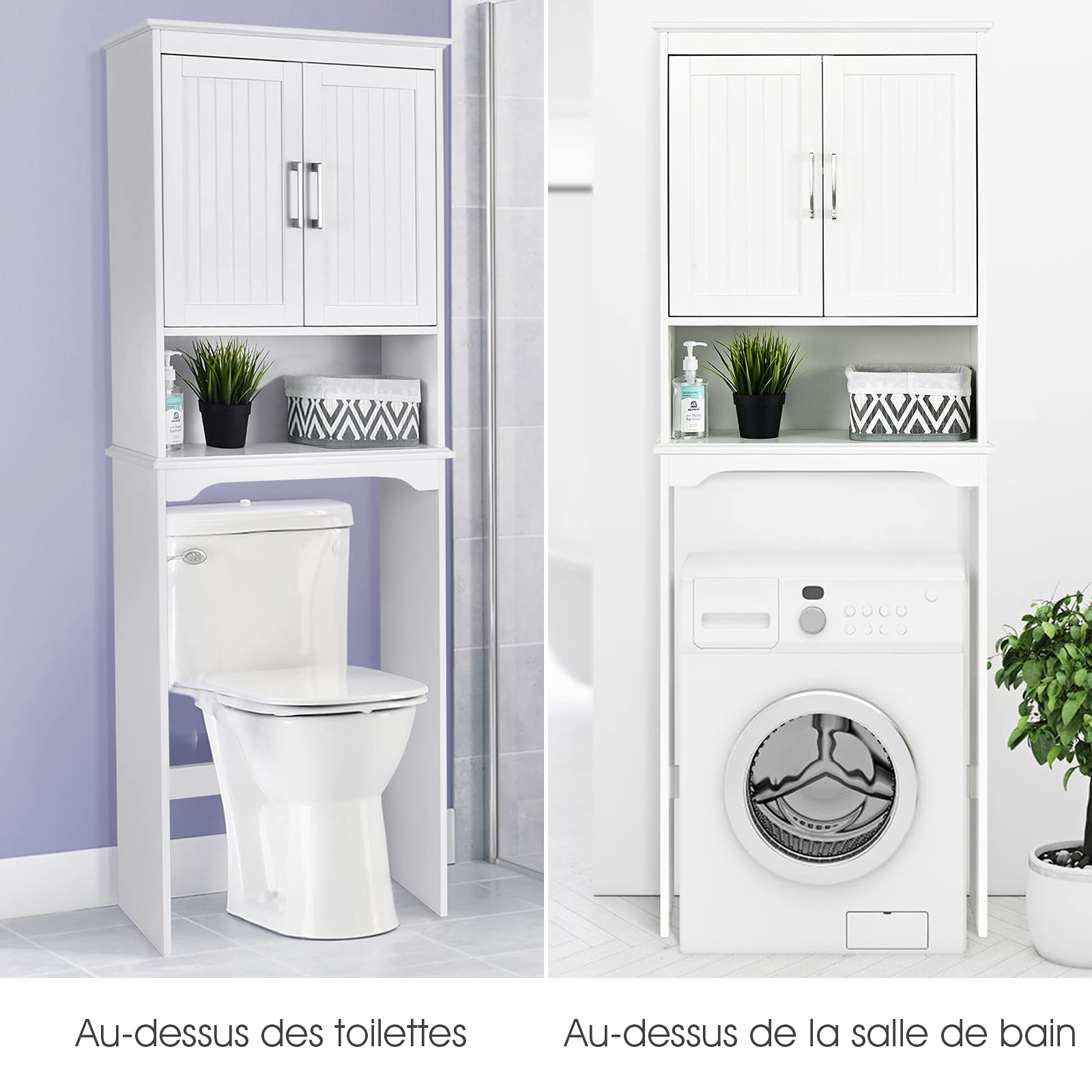 COSTWAY Meuble WC 2 en 1 avec Placard à 2 Portes, Meuble de Rangement au-Dessus des Toilettes ou Lave-Linge avec Compartiment Ouverte, Étagère de Toilette Moderne, 23 x 63 x 170 cm, Blanc