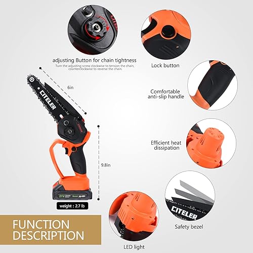 Miniatura 2 de Mini motosierra con bloqueo de seguridad, motosierra eléctrica inalámbrica de 6 pulgadas con 2 baterías, motosierra portátil pequeña de mano para el