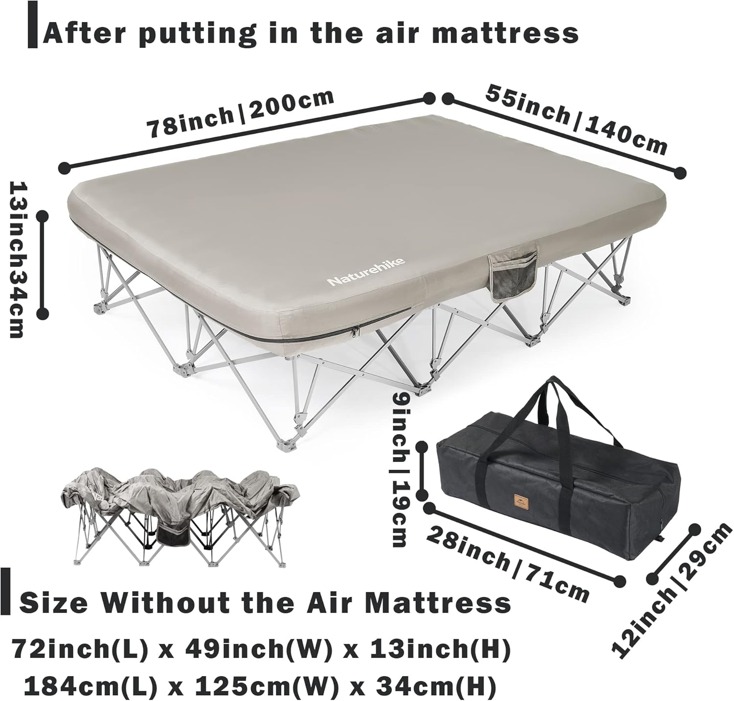 Naturehike CosyWild 2 Person Camping Cot Frame Only, Air Mattress Not Included, Folding Full Size Camping Bed Frame with Side Pocket and Carry Bag