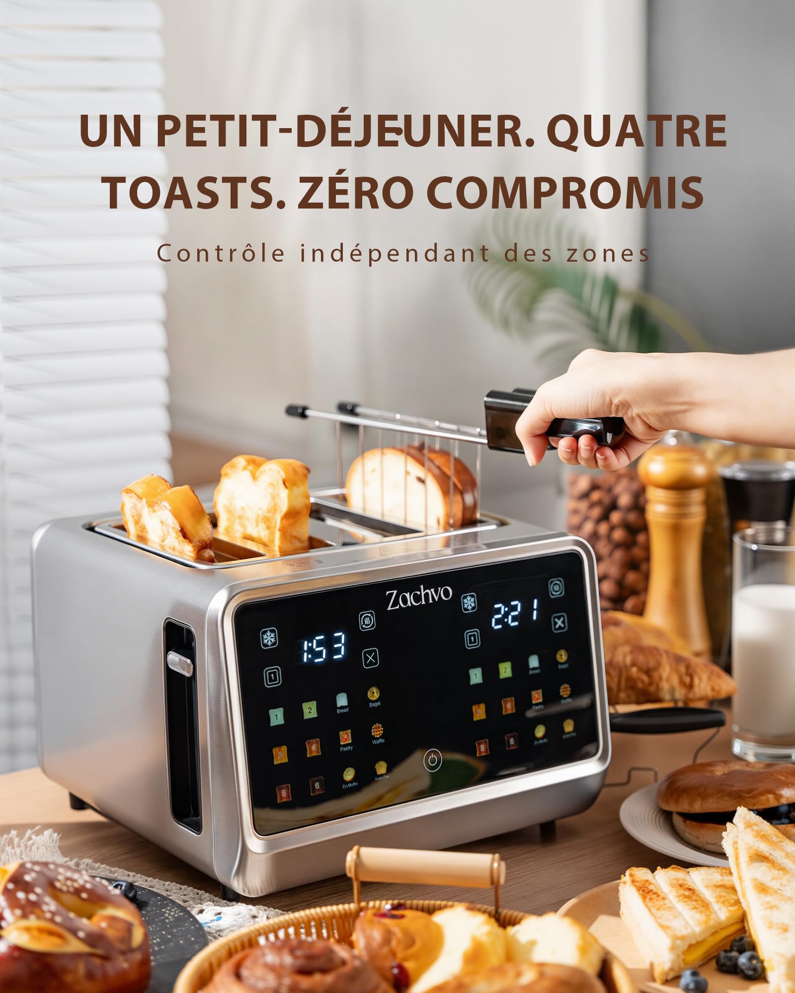 Grille-Pain 4 Tranches en Acier Inoxydable, Grand Écran Tactile, 2 Zones Indépendantes, Fentes Extra-Larges 3,7 cm, 6 Programmes, Support Viennoiseries et Pinces à Sandwich