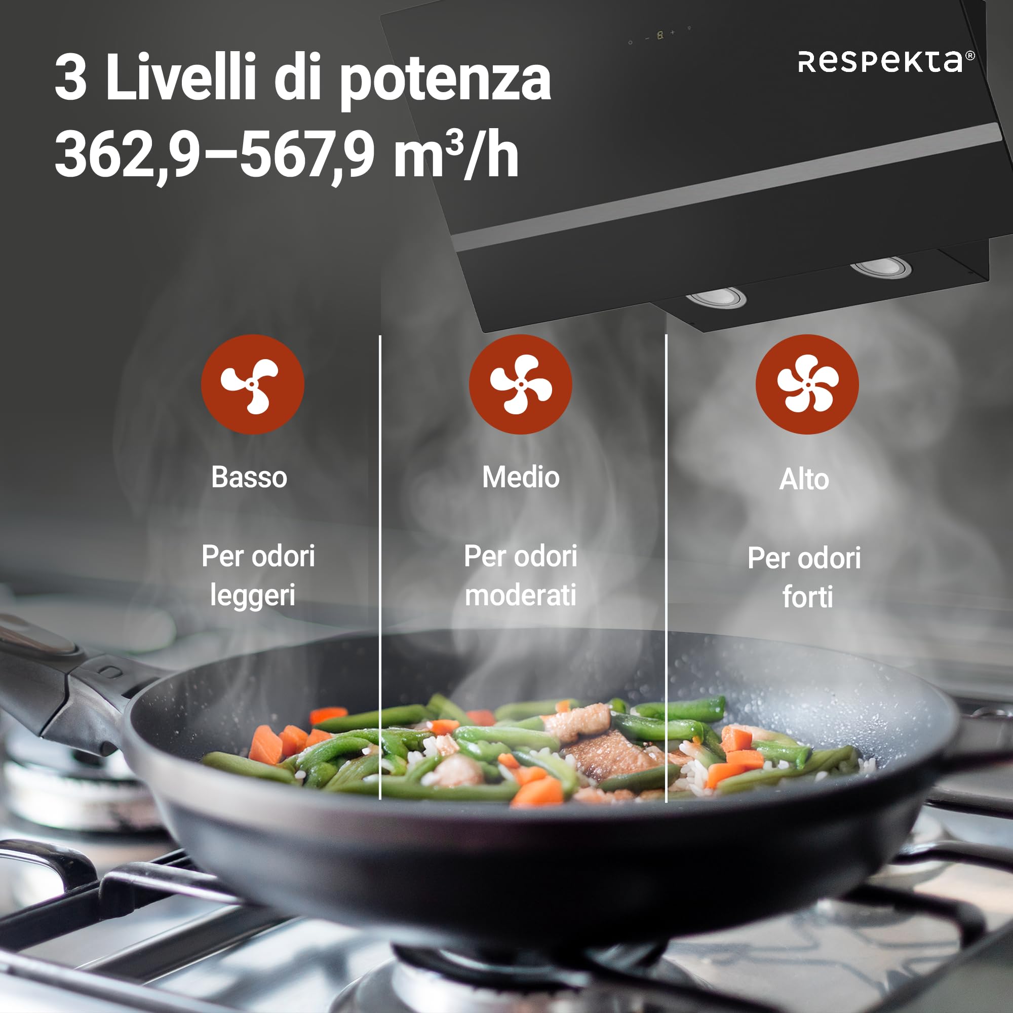 Respekta Cappa Isola senza Cappa, Cappa inclinata 90 cm, Struttura in metallo con paralume in vetro Nero, Funzione di scarico e ricircolo d'aria, CH24090SAM, A, 54 - 68 dB