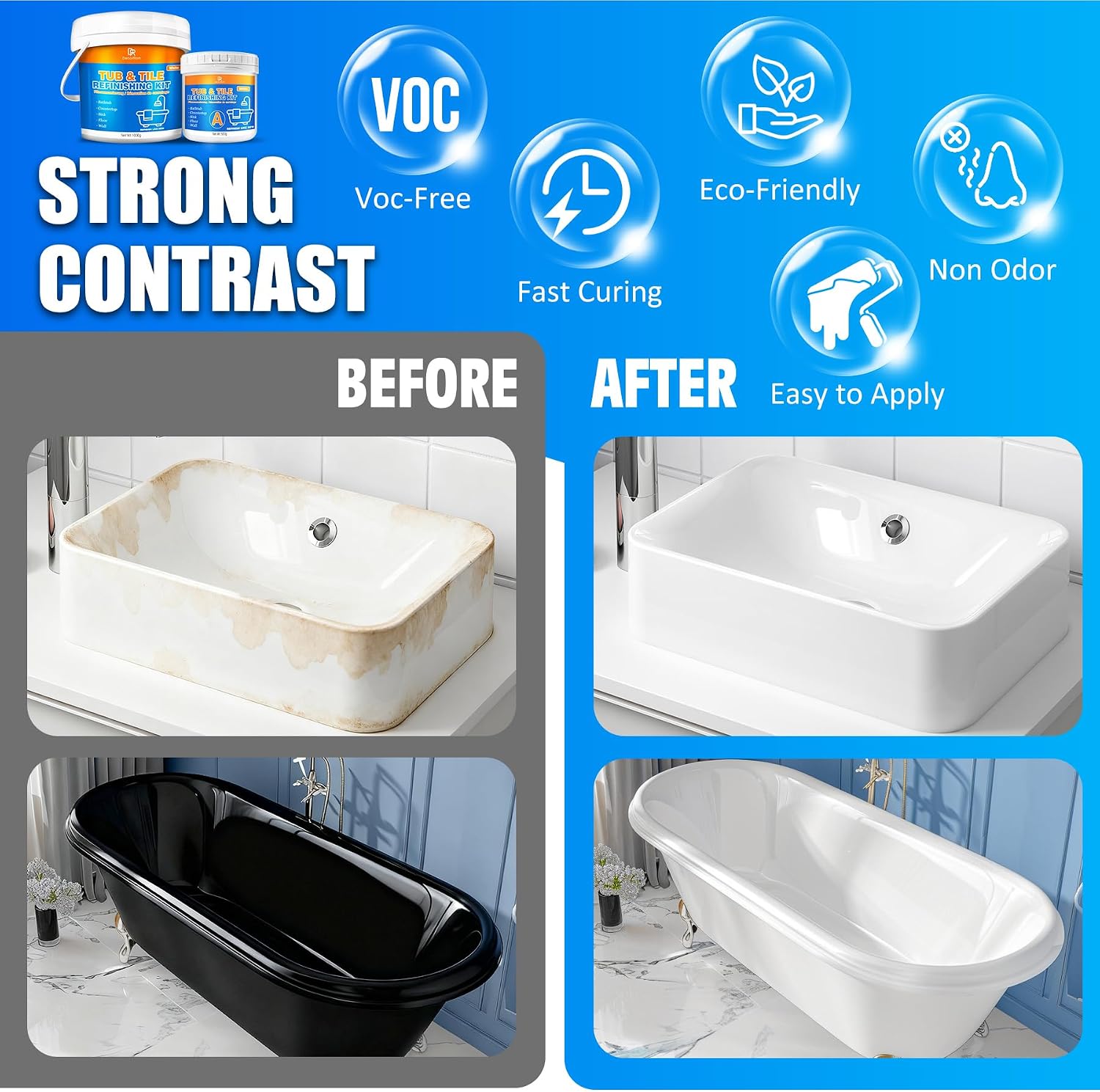 Tub and Tile Refinishing Kit, 18oz Tile Paint Bathtub Paint White for DIY Bathroom Resurfacing, Ceramic/Porcelain Tiles, Glass and Marble Sinks Waterproof, Scratch Resistant, Low Odor with Tools