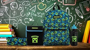 Minecraft Kids Backpack 4 Piece School Set Including Lunch Bag, Water Bottle and Pencil Case (Green)