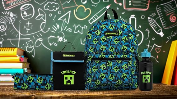 Minecraft Kids Backpack 4 Piece School Set Including Lunch Bag, Water Bottle and Pencil Case (Green)
