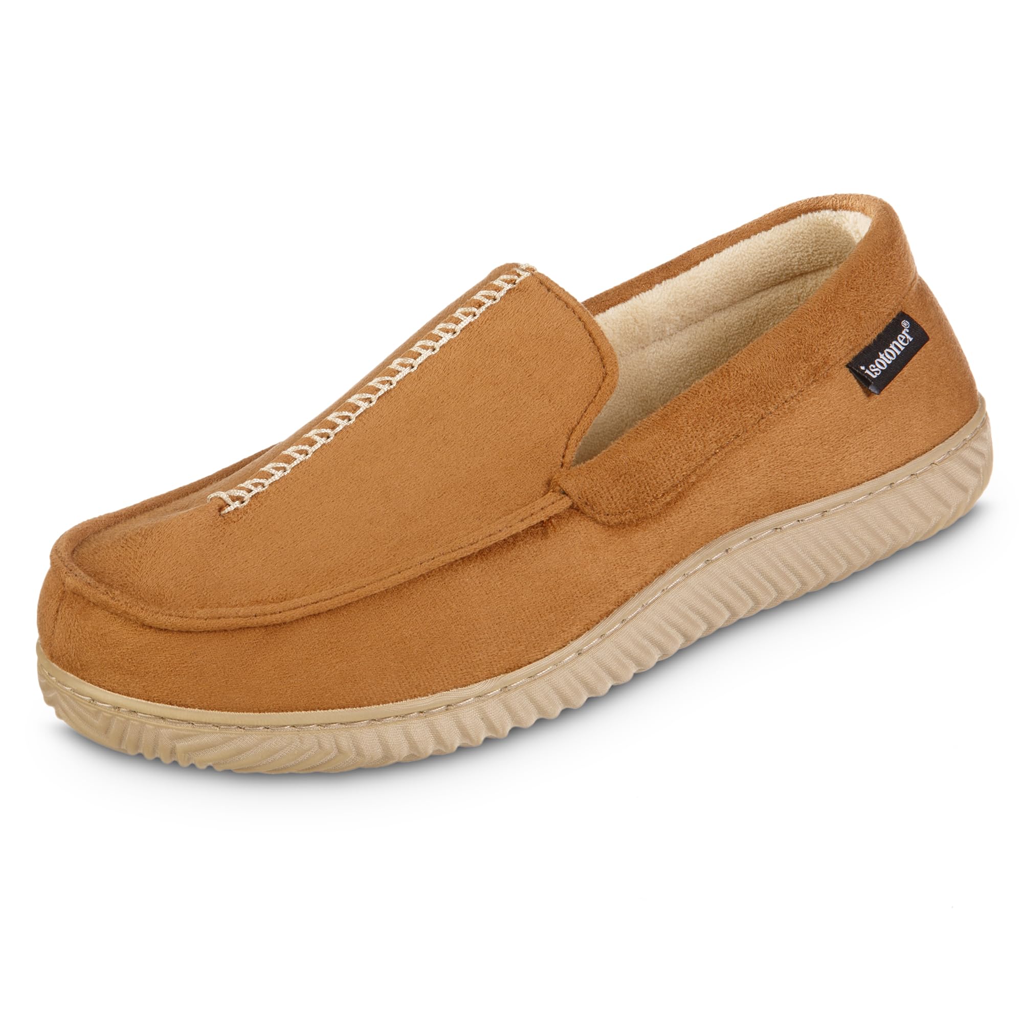 isotoner Men's Liam Microsuede Moccasin Slipper with Memory Foam, Microterry Lining, Versatile Sole