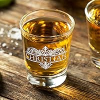 Vista 5 de Gafas personalizadas Vestige Monogram de 2.5 onzas, fondo verde azulado, vaso de chupito redondo grabado con texto personalizado, regalo