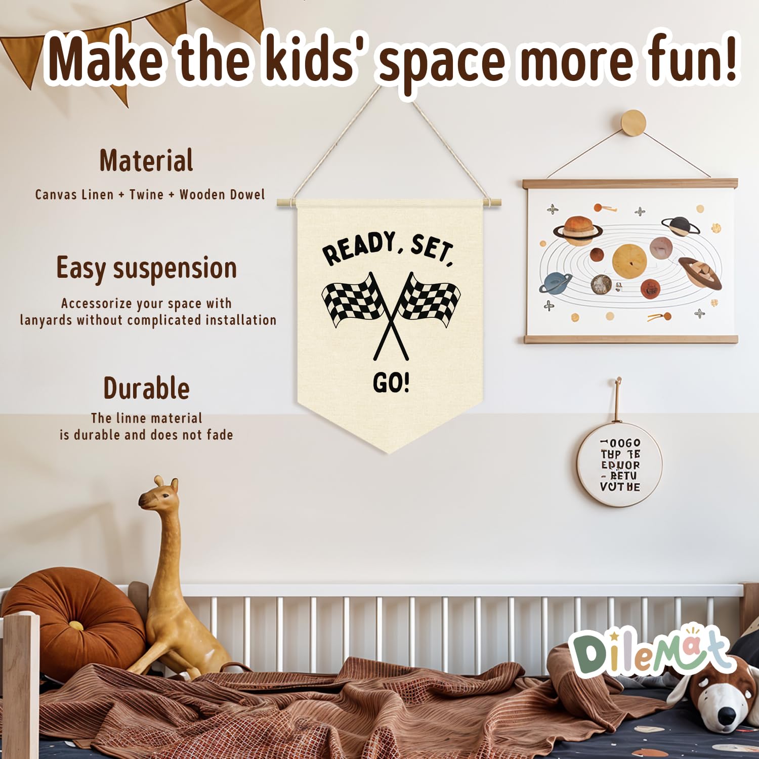 Dilemat Race Car Room Decor for Boys Linen Pennant Banner - Ready Set Go Racing Pennant Flag Banner Wall Hanging Decor for Car Room Decor for Boys Playroom Nursery