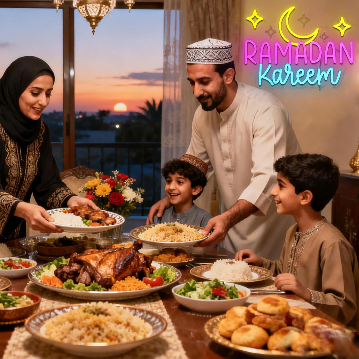Ramadan Kareem Neon Sign for Wall Decor Dimmable Moon Stars Shape Led Sign for Islamic Eid Neon Light for Muslim Holiday Decoration Holy Celebration Decor Home Party Supplies image 4