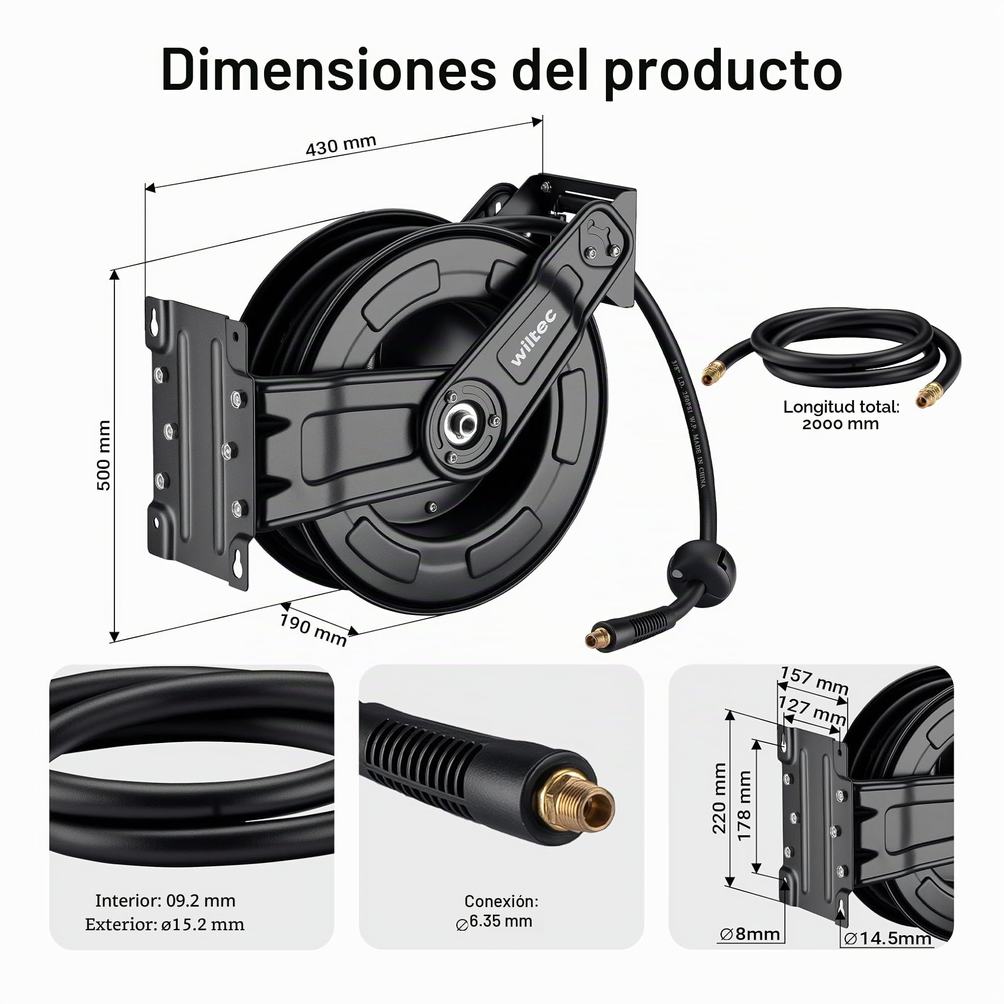 Wiltec Carrete de acero con manguera de aire híbrida 20 m para aire comprimido presión de trabajo hasta 20 bares montaje fácil enrollador automatico de la manguera