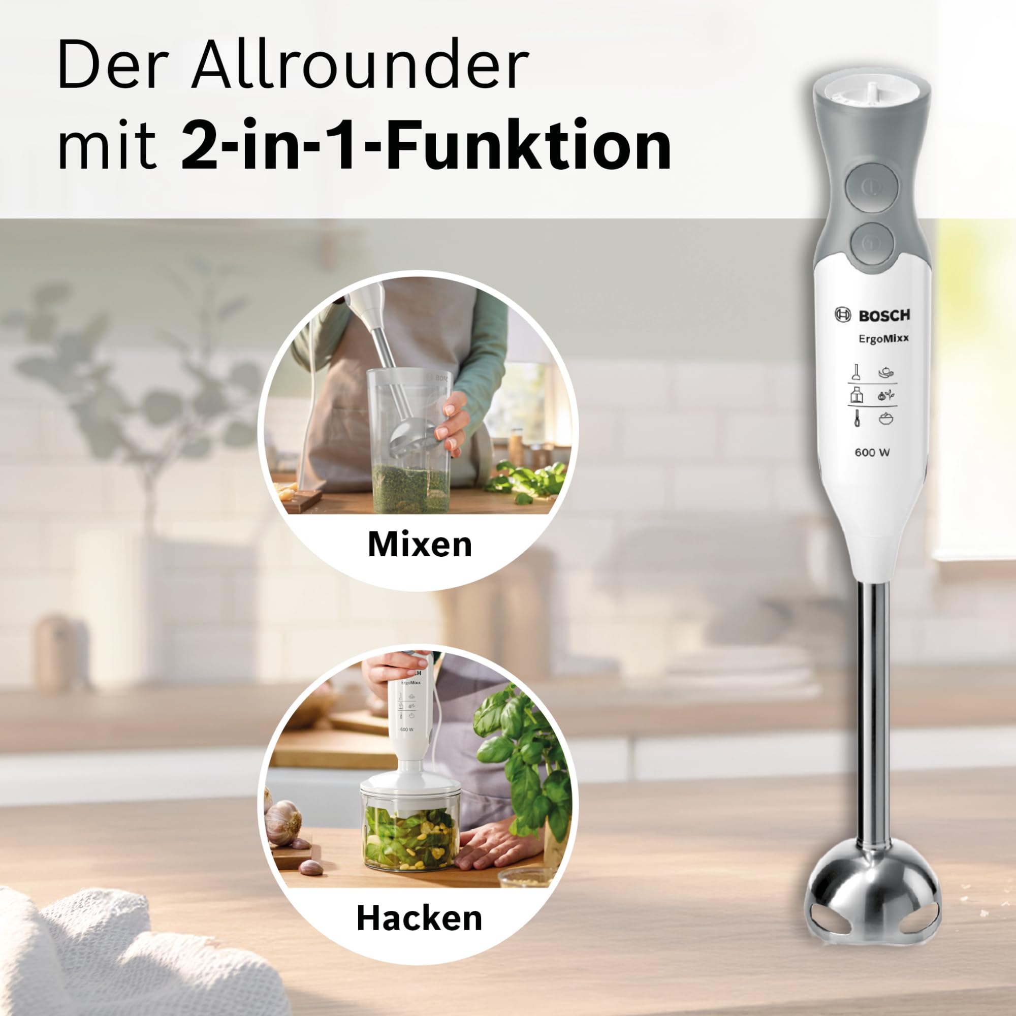 Bosch Stabmixer ErgoMixx 600 W Edelstahl-Mixfuß 12 Stufen plus Turbo weiß/grau MSM66120
