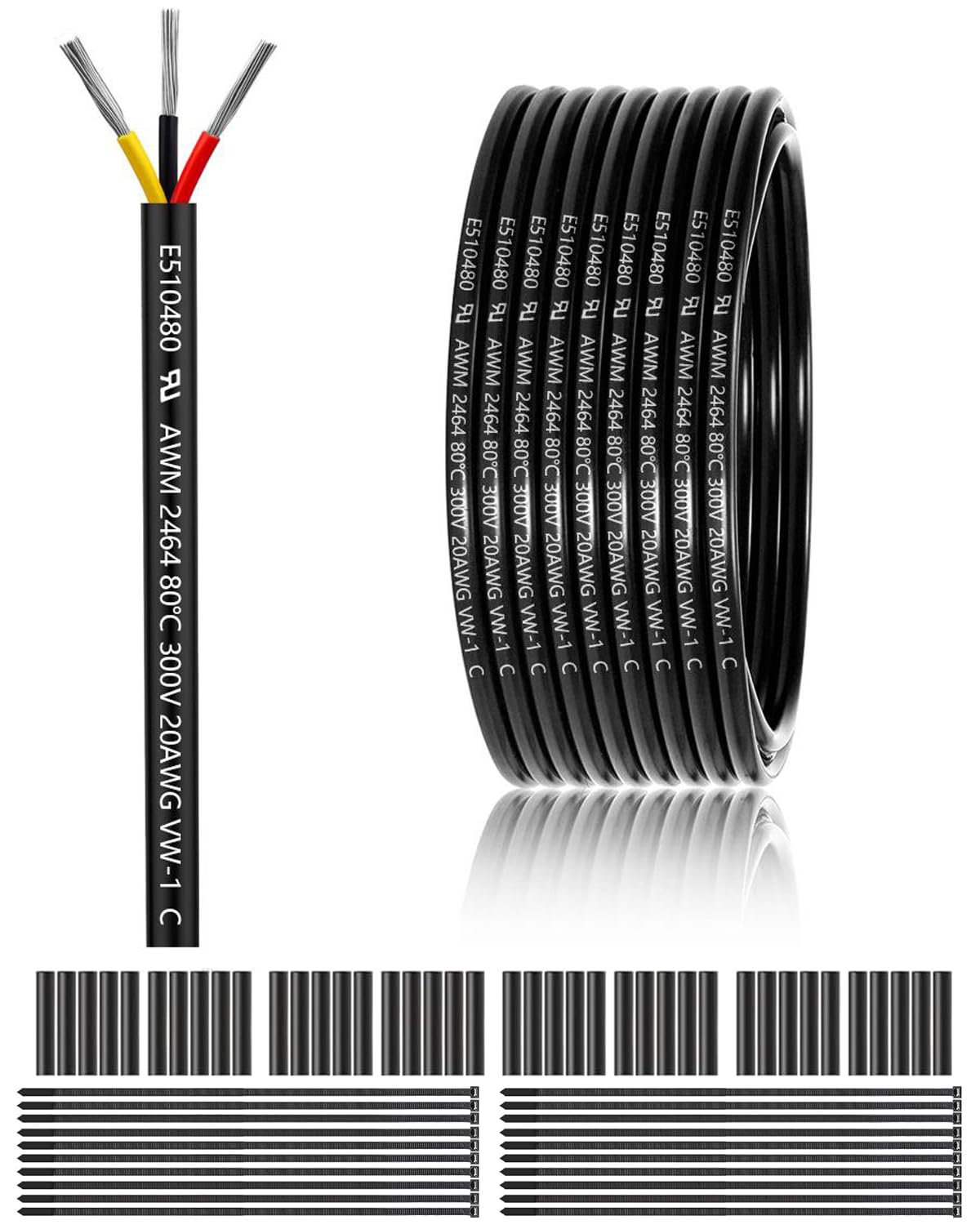 20 Gauge 3 Conductor Electrical Wire 100FT, UL 2464 20 AWG 3 Wire Cable Tinned Copper PVC Stranded 20/3 Core Wire for LED Lighting, Outdoor Low Voltage Extension Cable, Automotive etc.