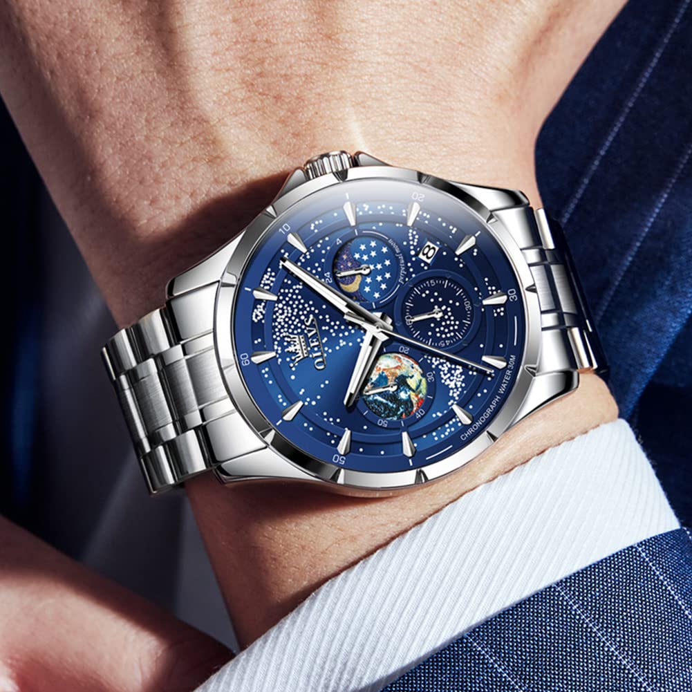 OLEVS Montre pour homme avec cadran à quartz analogique et motif ciel étoilé et lune - Étanche et lumineuse, Bracelet argenté cadran bleu, Montres à quartz
