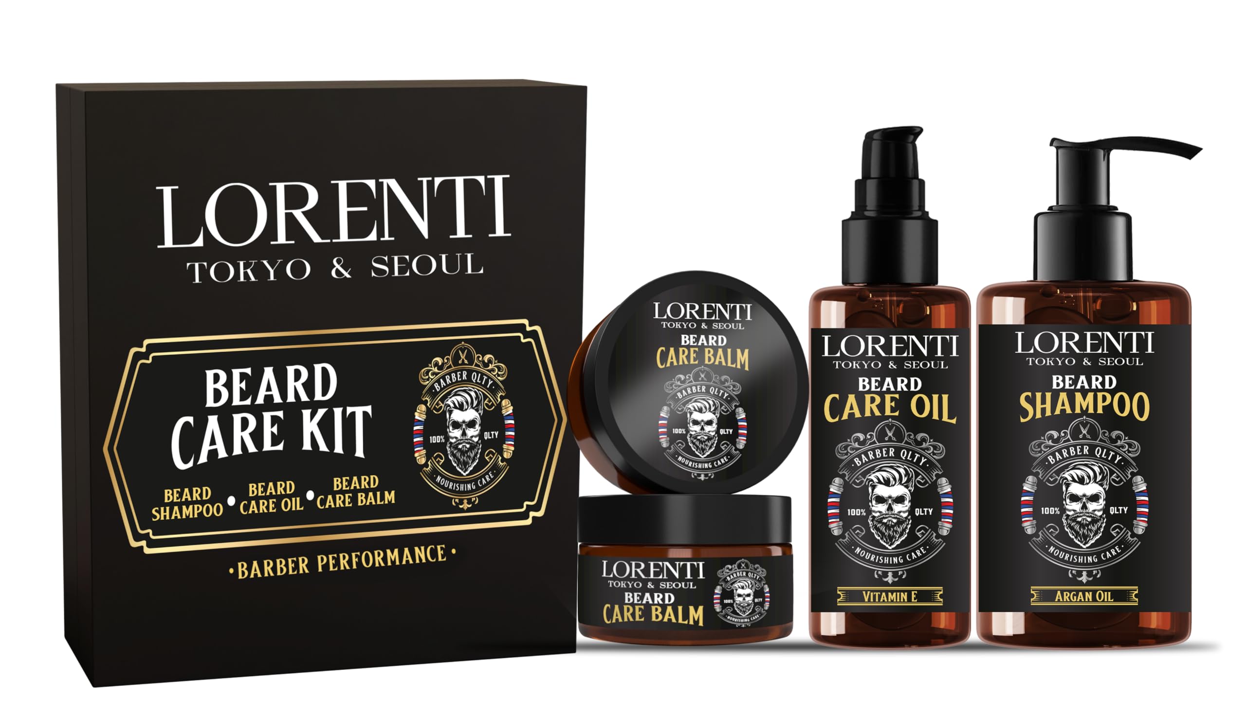 LORENTI TOKYO & SEOUL Argan Barber - Juego de cuidado de la barba y peinado - Kit de cuidado de la barba con aceite para barba, champú para barba y bálsamo para barba - Idea de regalo para hombres