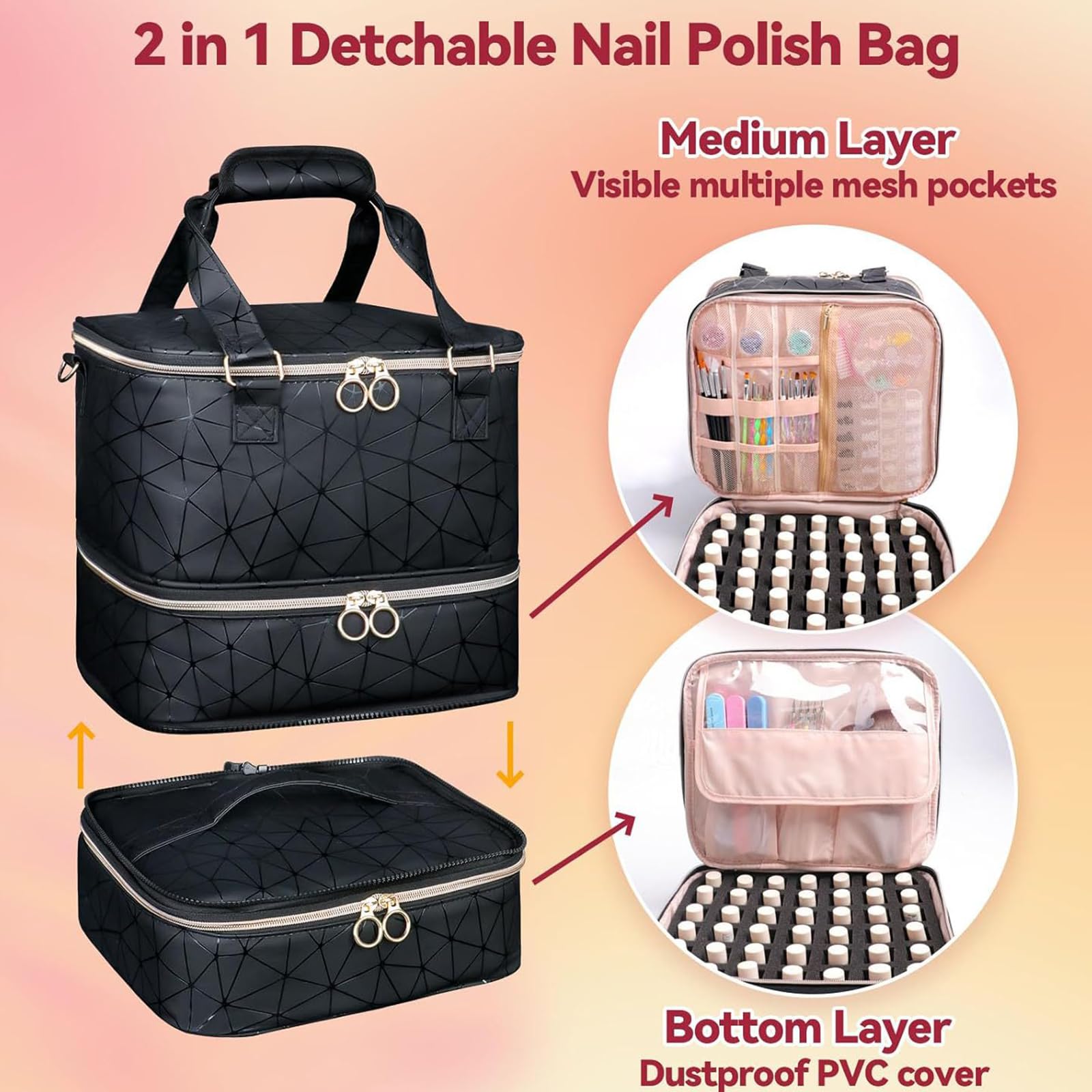 Sac Organisateur pour Vernis à Ongles, Trousse de Rangement à 3 Couches pouvant contenir 84 flacons et Une Lampe à Ongles, Grand Sac à bandoulière pour Outils de manucure (Motif géométrique)