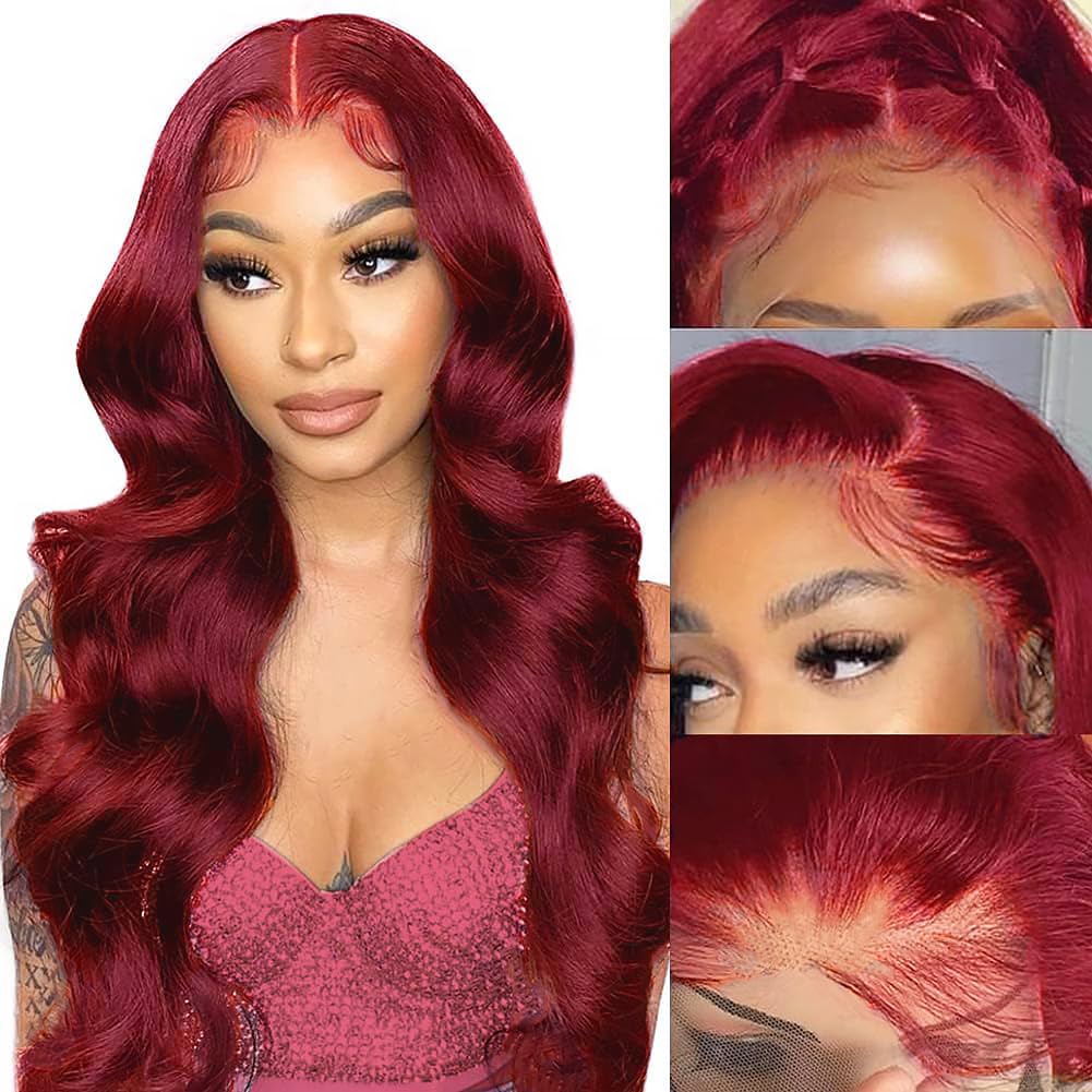 SOSATISFY Body Wave 99J Burgundy Lace Front Wigs Human Hair 200% Density 13x4 Glueless HD Transparent Wine Red Wigs for Women Human Hair Pre Plucked
