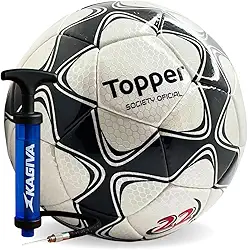 Kit Bola de Futebol Society Topper Slick 22 Oficial 32 Gomos PVC Macia Durável Resistente Campo Grama Sintética Adulto Juvenil Treino E Jogo + Bomba Ar Dupla Ação Inflador Rápido Enchedor Bombinha