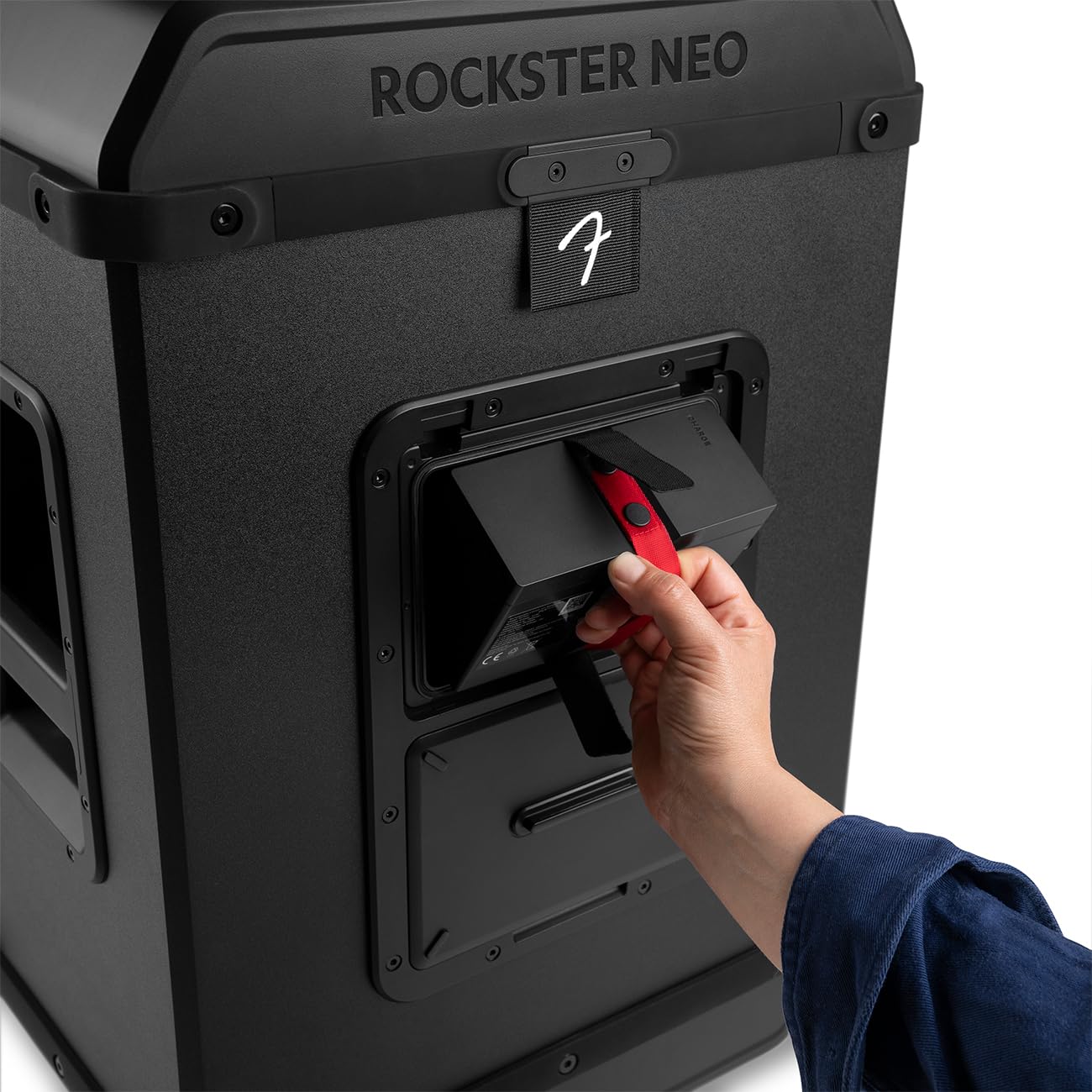 Teufel Fender x ROCKSTER Neo – Enceinte Bluetooth portée Ultra-puissante 130 DB, IP44 Anti-poussière et éclaboussures, Batterie LiFePO₄ Amovible 36 h (56 h Eco), entrées XLR/Jack, Party Link